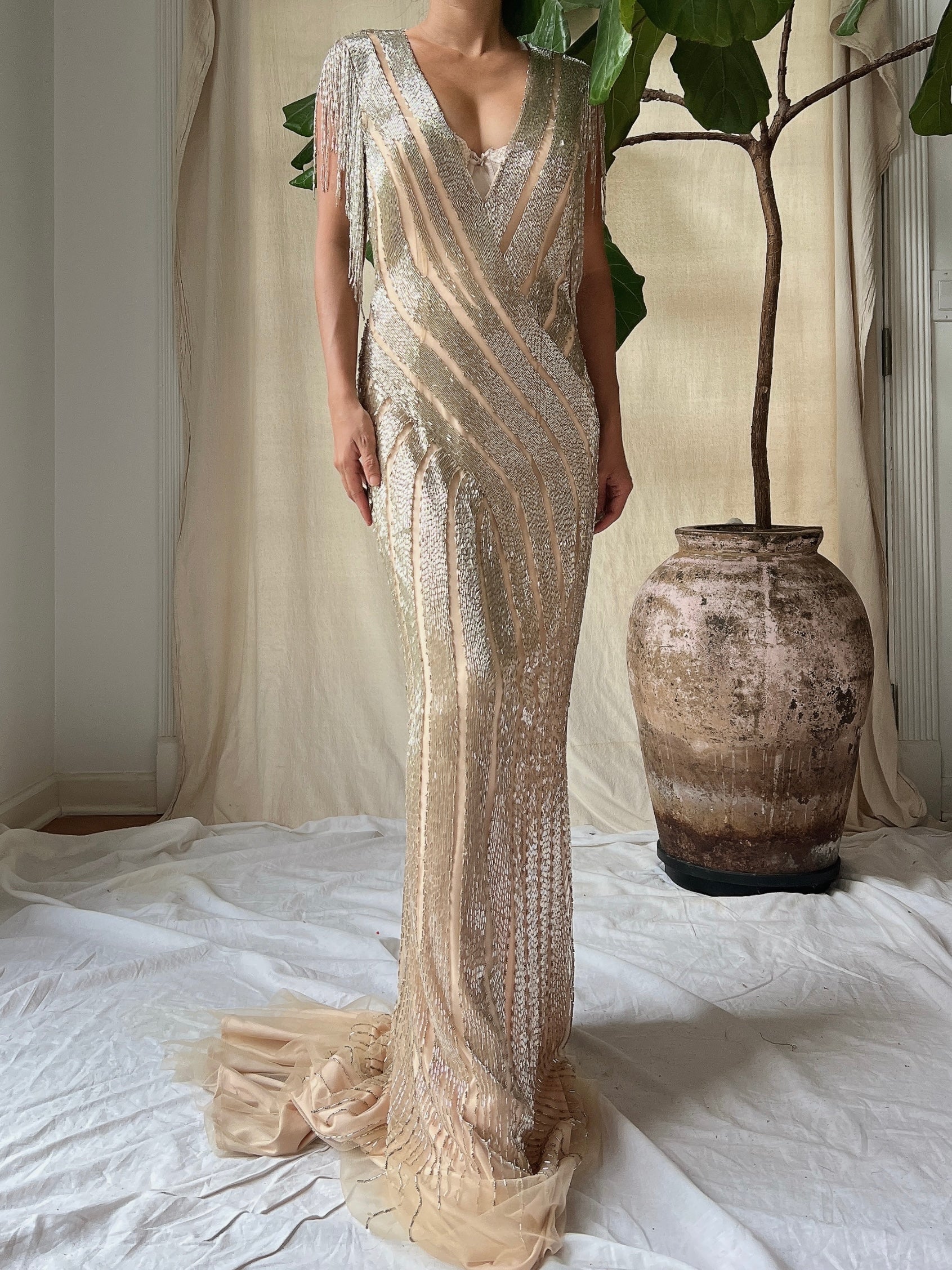 Vintage Beaded Gold/Nude Gown - S/4