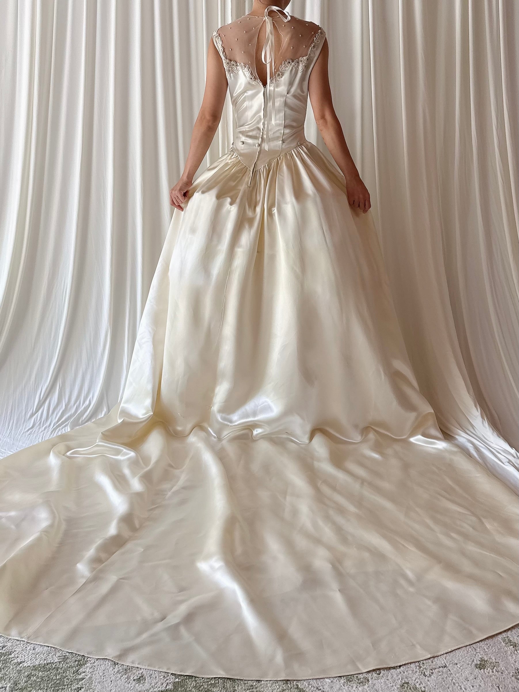 1940s Candlelight Satin Illusion Beaded Gown - S/6