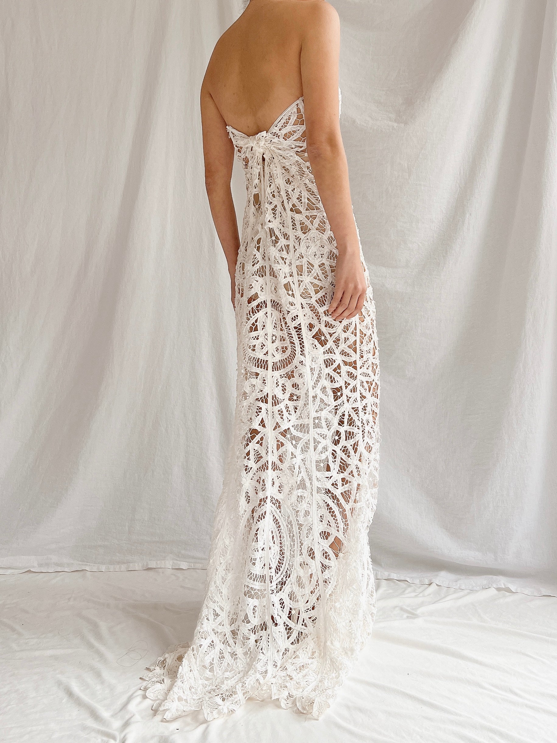 Vintage Sheer Tape Lace Strapless Gown - S