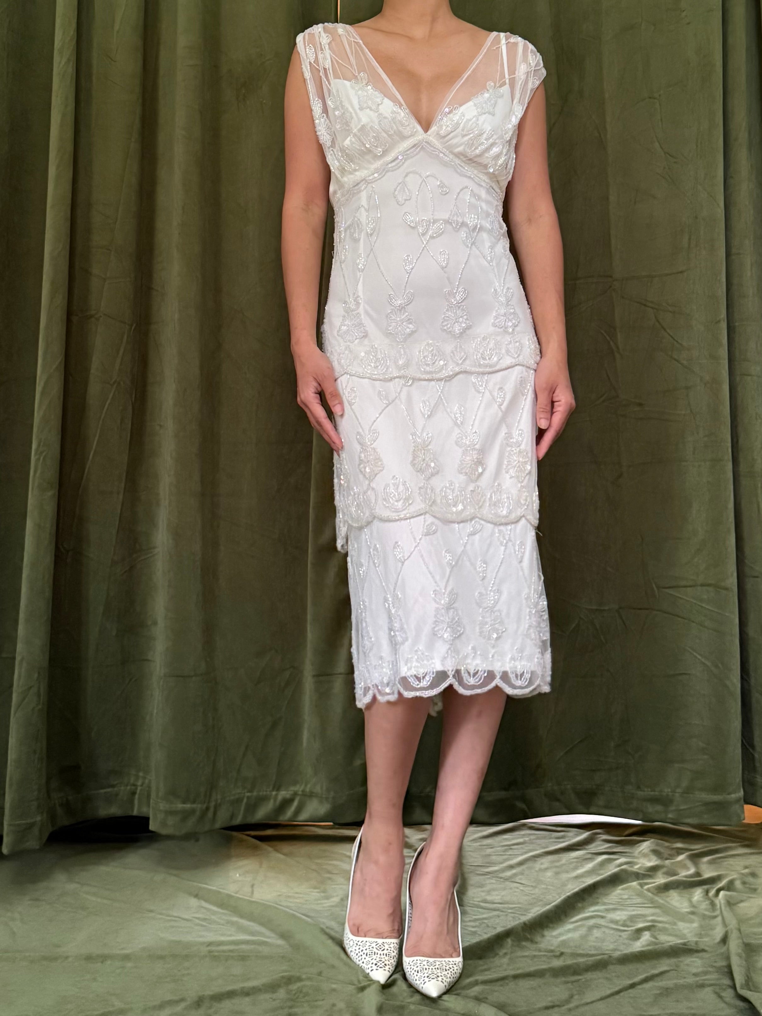 Vintage Ivory Beaded Tiered Dress - M/L/10