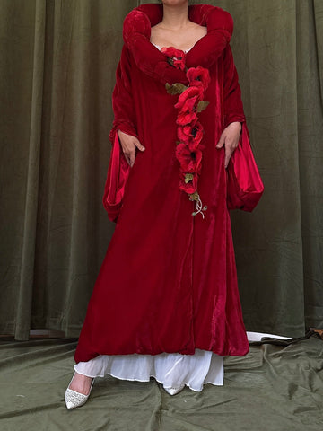 1920s Red Silk Velvet Opera Coat - OSFM