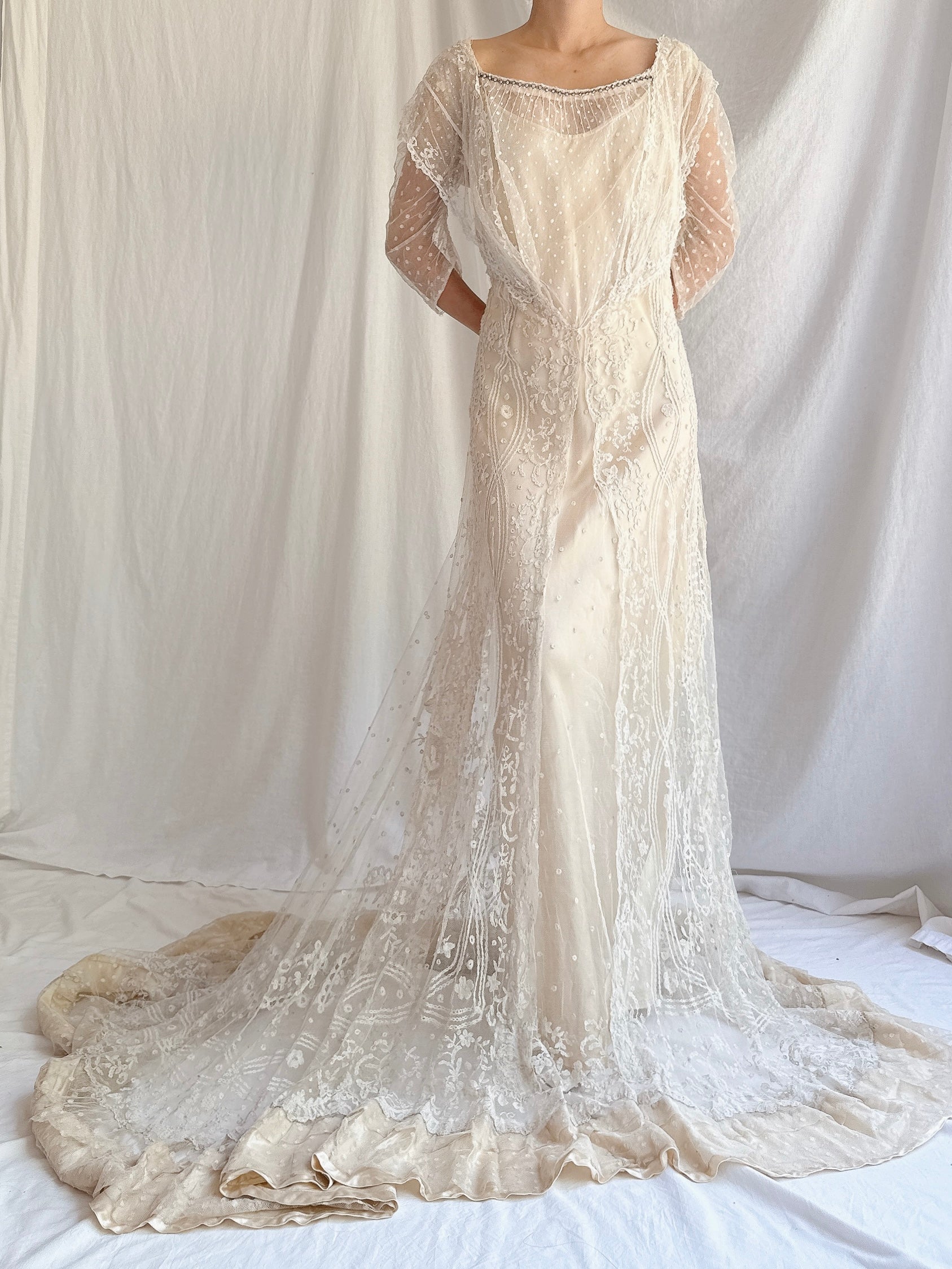 Antique Duchesse Lace Gown with Silk Slip - S