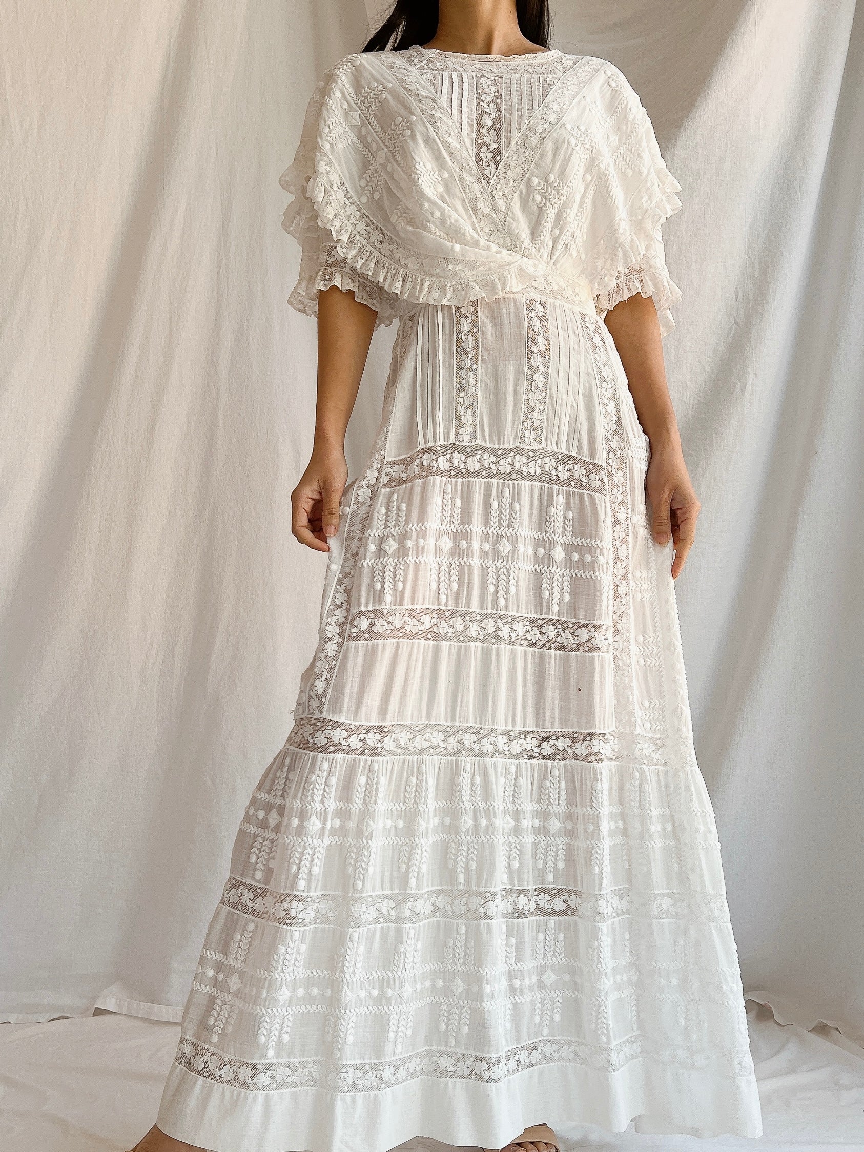 Edwardian Cotton Draped Bodice Lawn Dress - XS