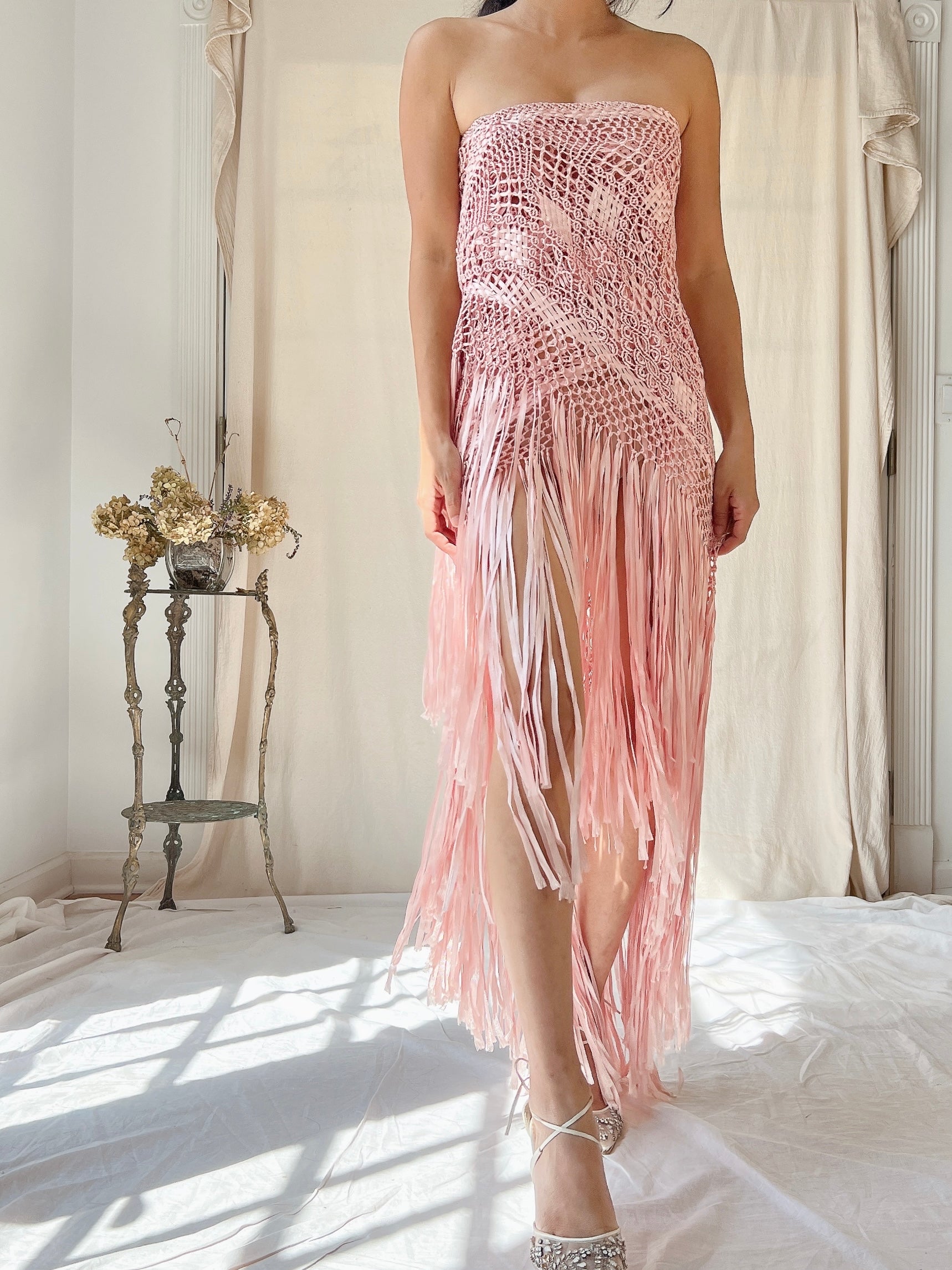 Vintage Silk Fringe Crochet Shawl - OSFM