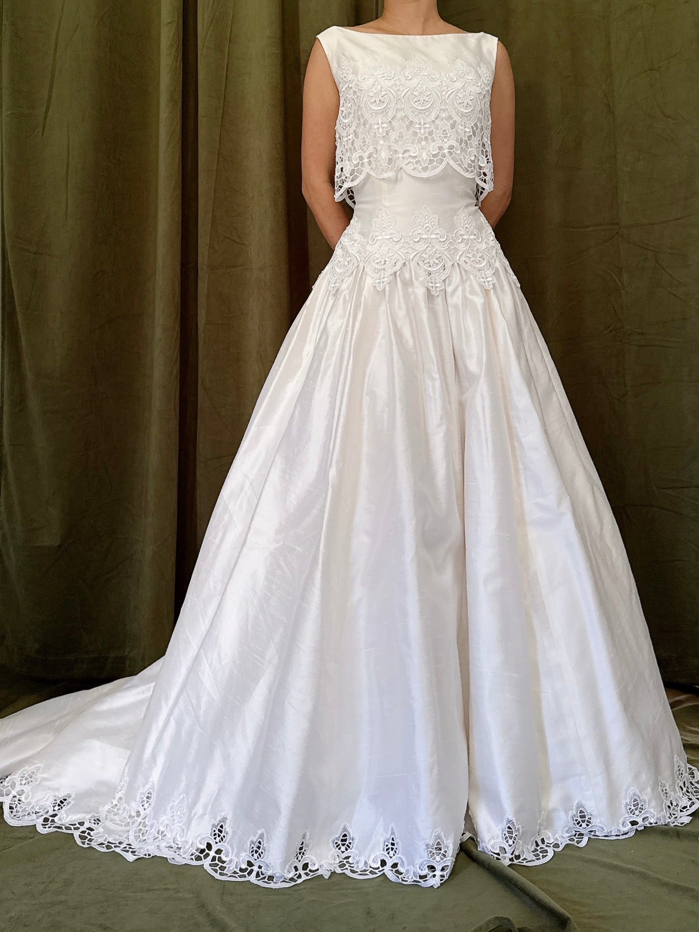 RESERVED for Cheyenne Payment 1/2 Vintage Raw Silk Embroidered Cutout Gown - S/4