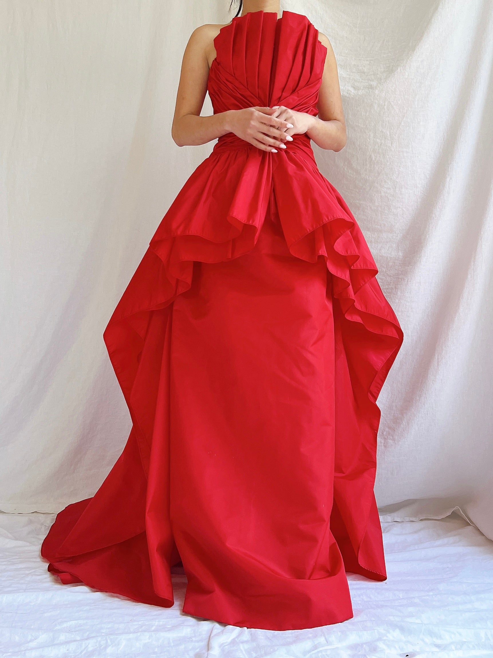 Vintage Victor Costa Rose Red Pleated Column Gown - M