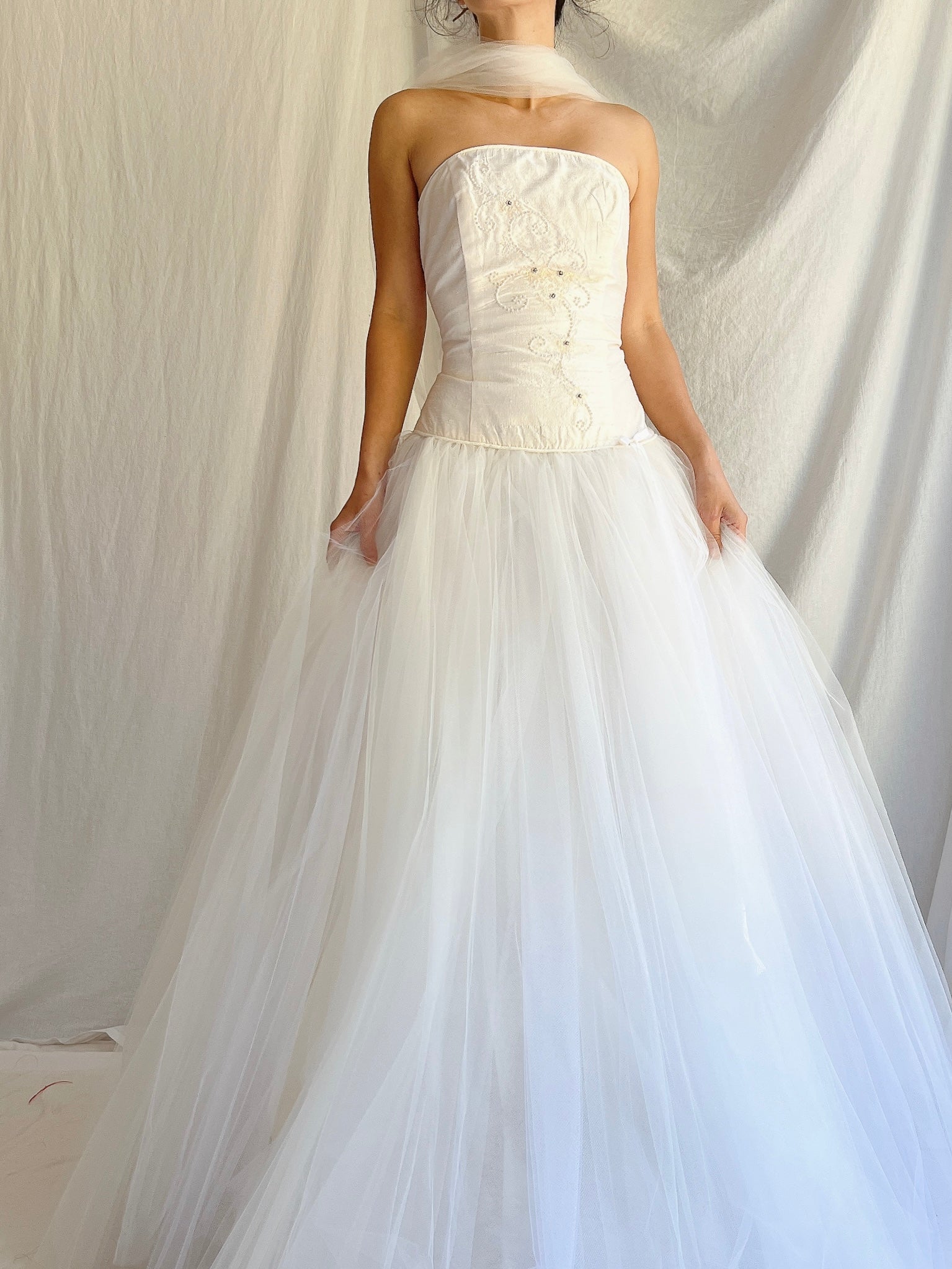 Vintage Silk Dropped Waist Tulle Gown - S