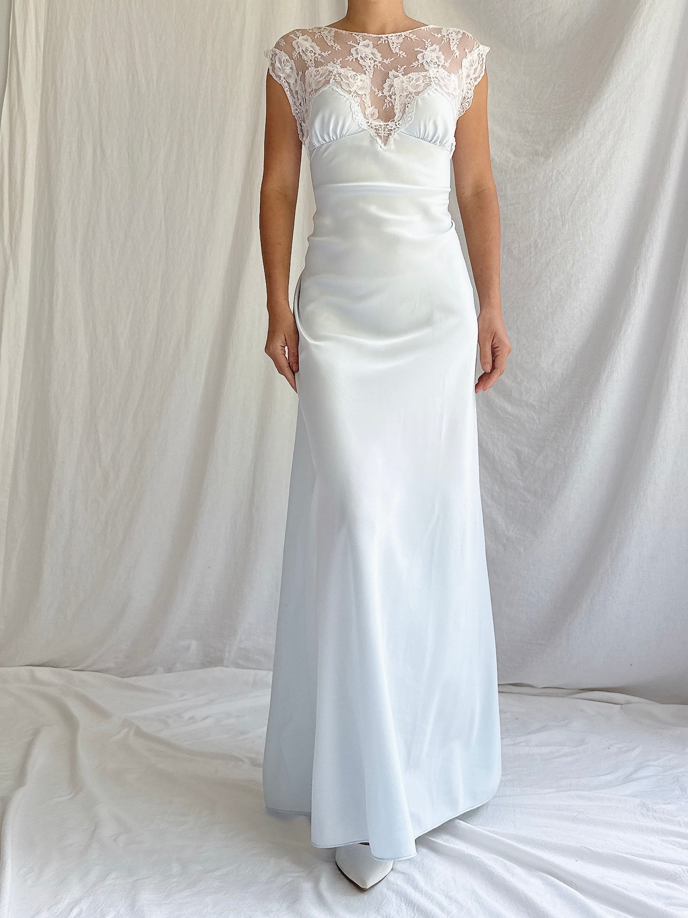 1980s Light Blue Nylon Lace Dress - M