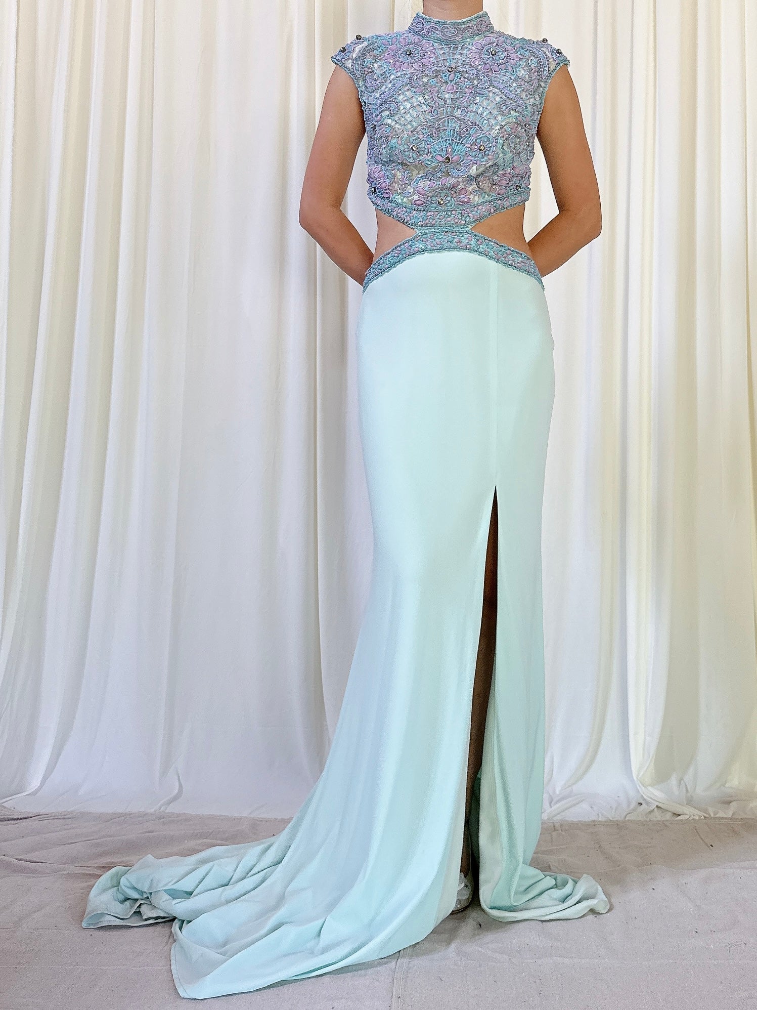 Vintage Marinelli Jersey Teal Beaded Dress S