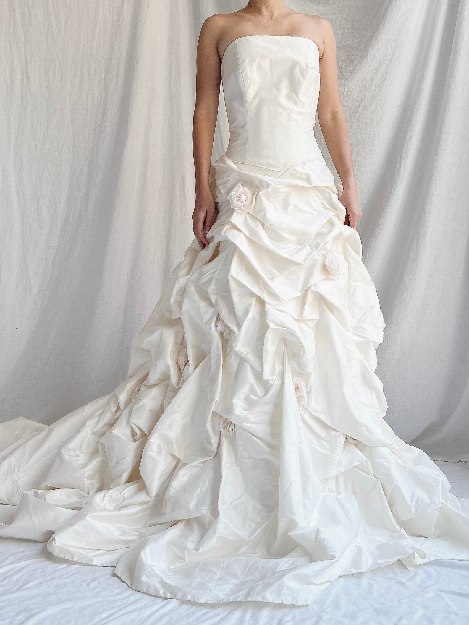 1990s Silk Dropped Waist Draped Rosette Gown - S/6
