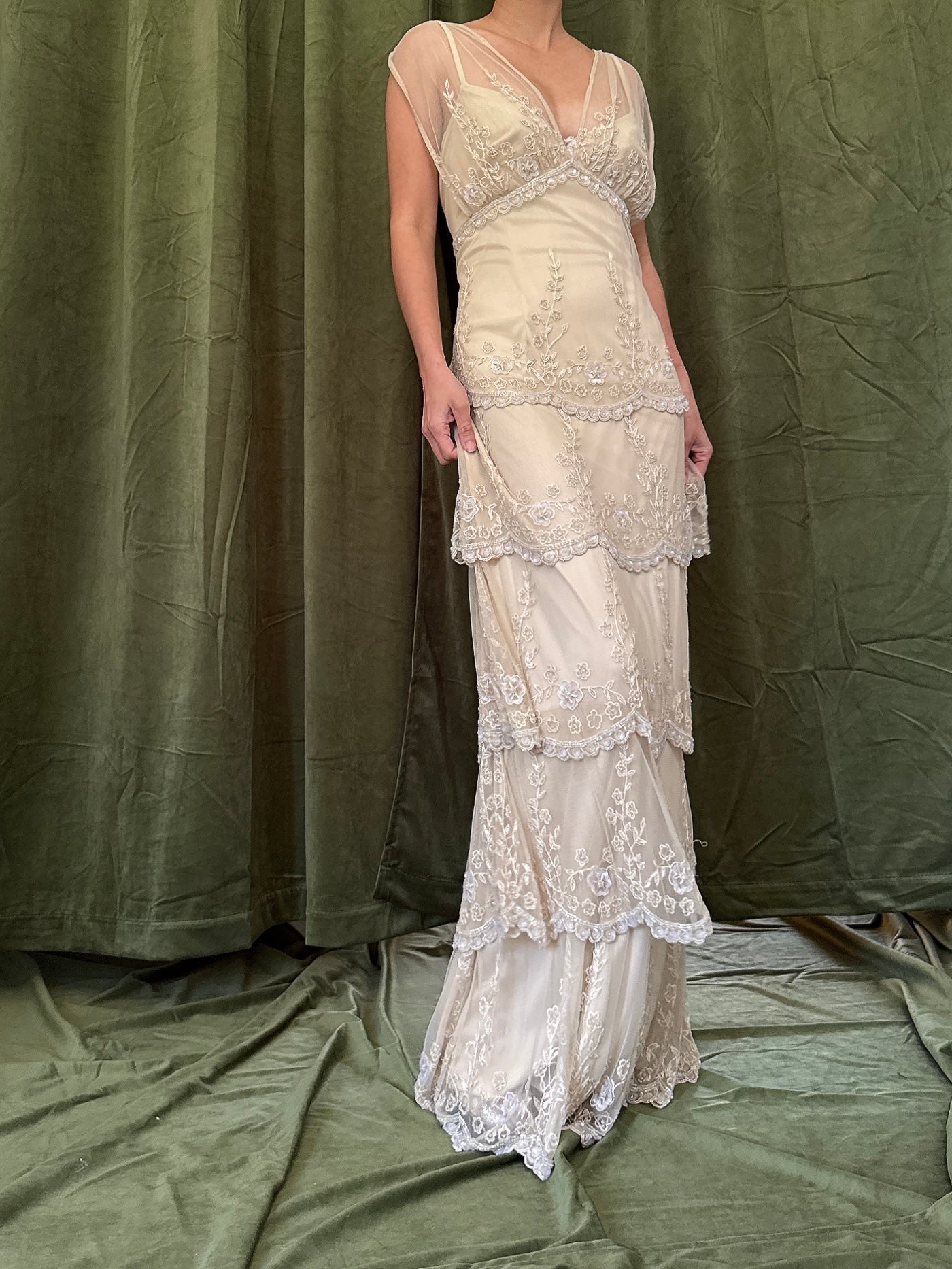 Vintage Tiered Beaded Gown - L