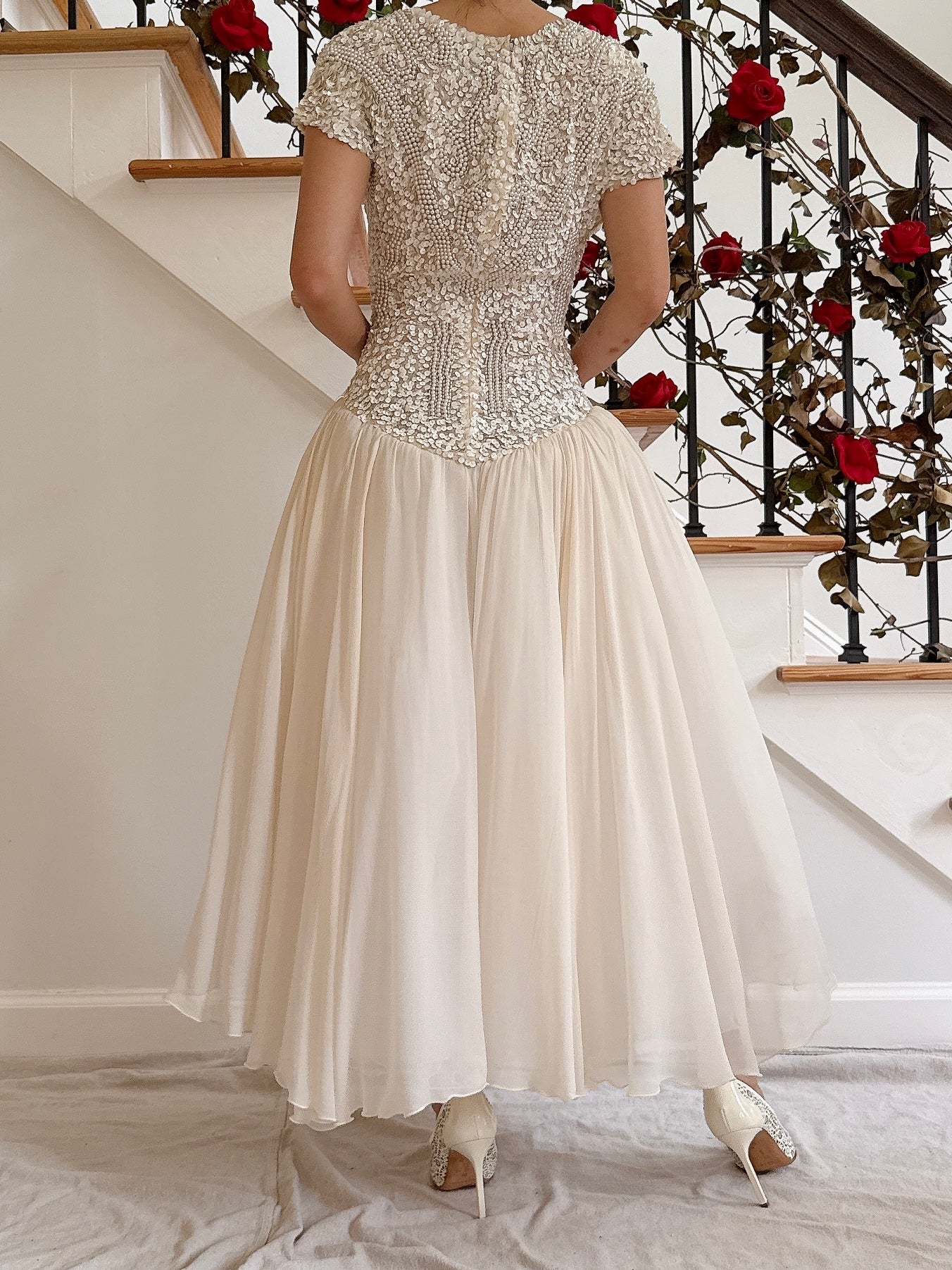 1980s Silk Chiffon Beaded Dress - 36B/30W/49L