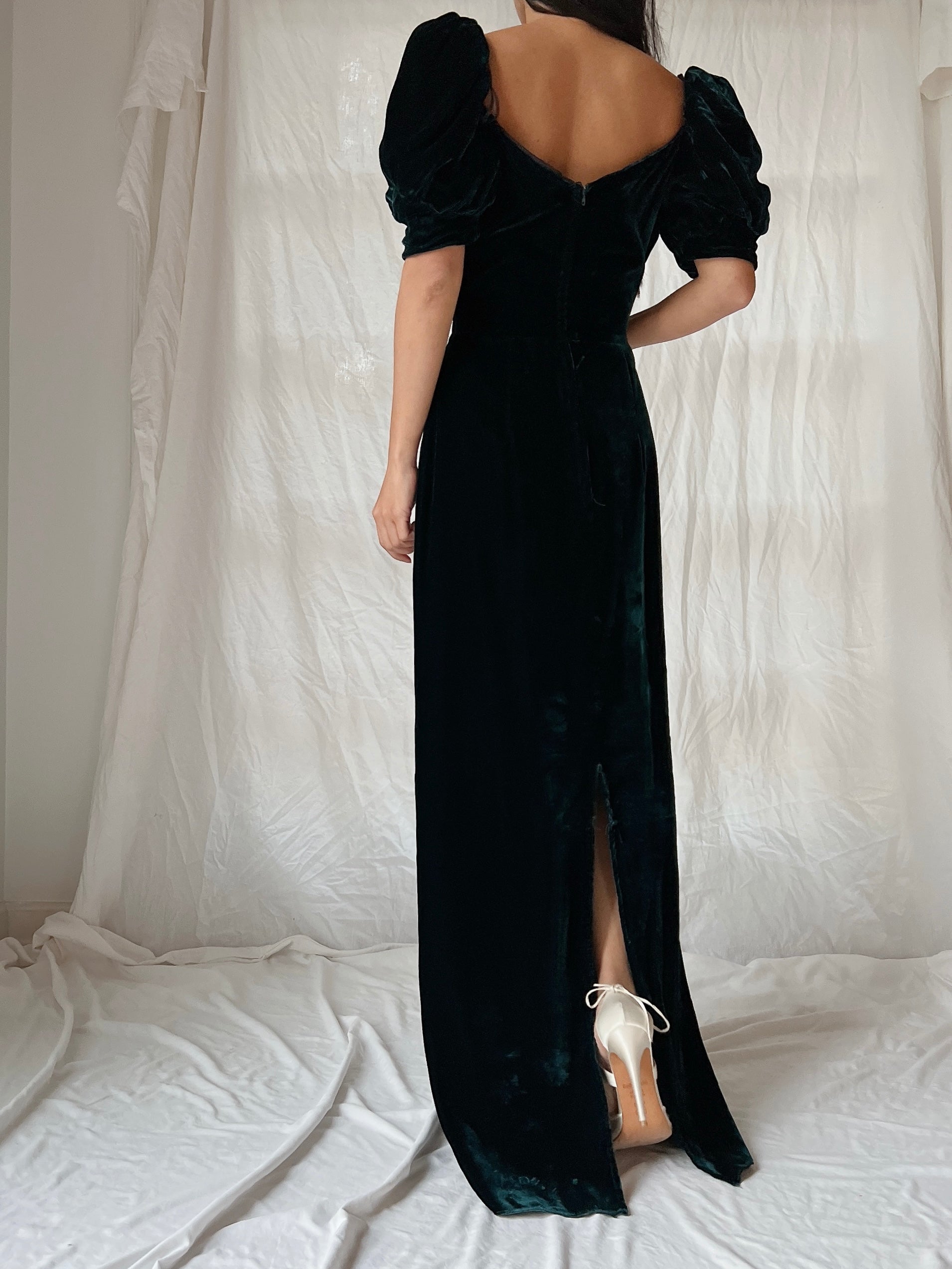 Vintage Teal Velvet Puff Sleeve Dress - XS/S
