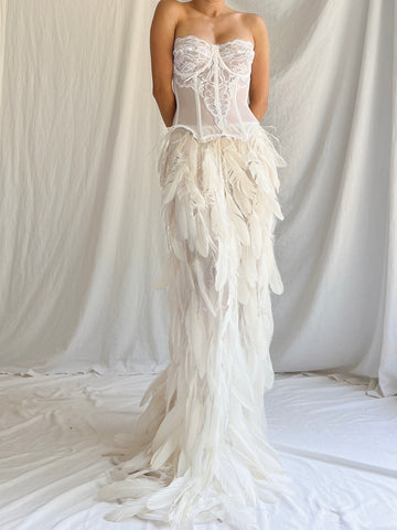 Vintage Sheer Buttercream Feather Chiffon Skirt - XS-M