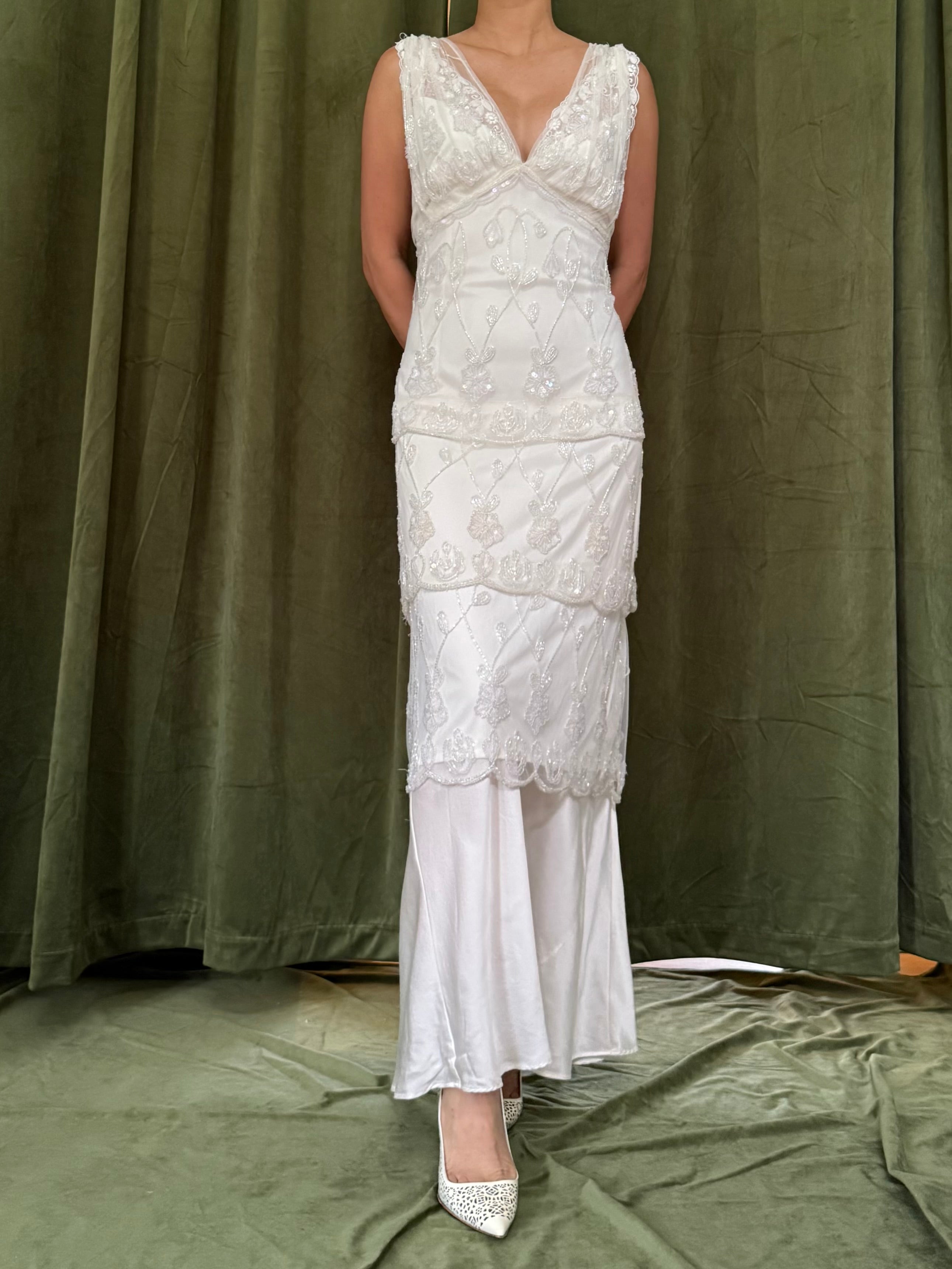 Vintage Ivory Beaded Tiered Dress - M/L/10