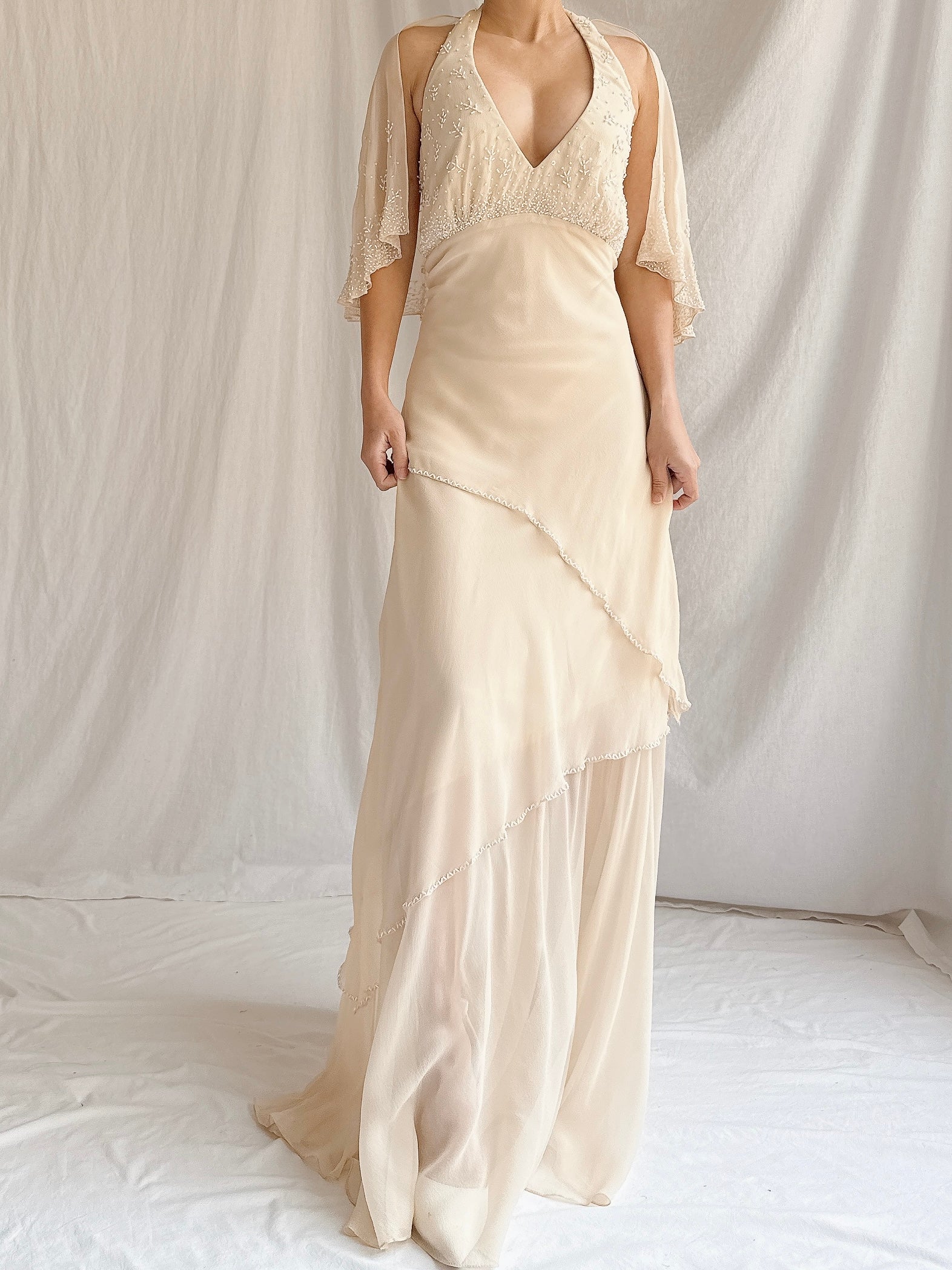 Vintage Almond Silk Cape Gown - M