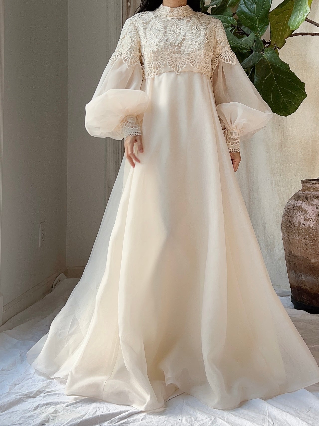 Vintage Puff Sleeves High Neck Gown - M