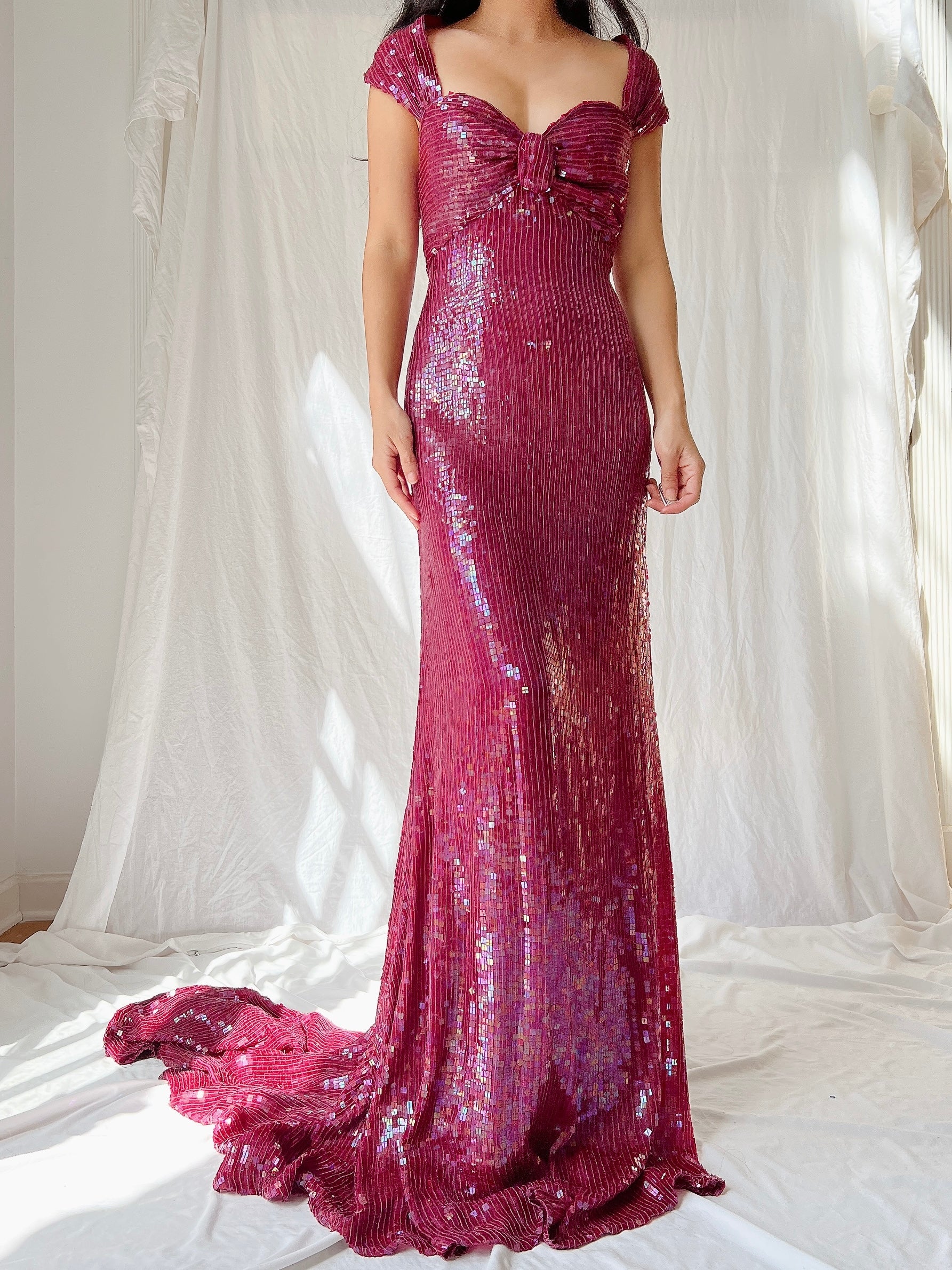 Vintage Ruby Silk Sequins Gown - L/US 12