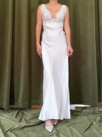 Vintage Embroidered Plunging Silk Slip - S