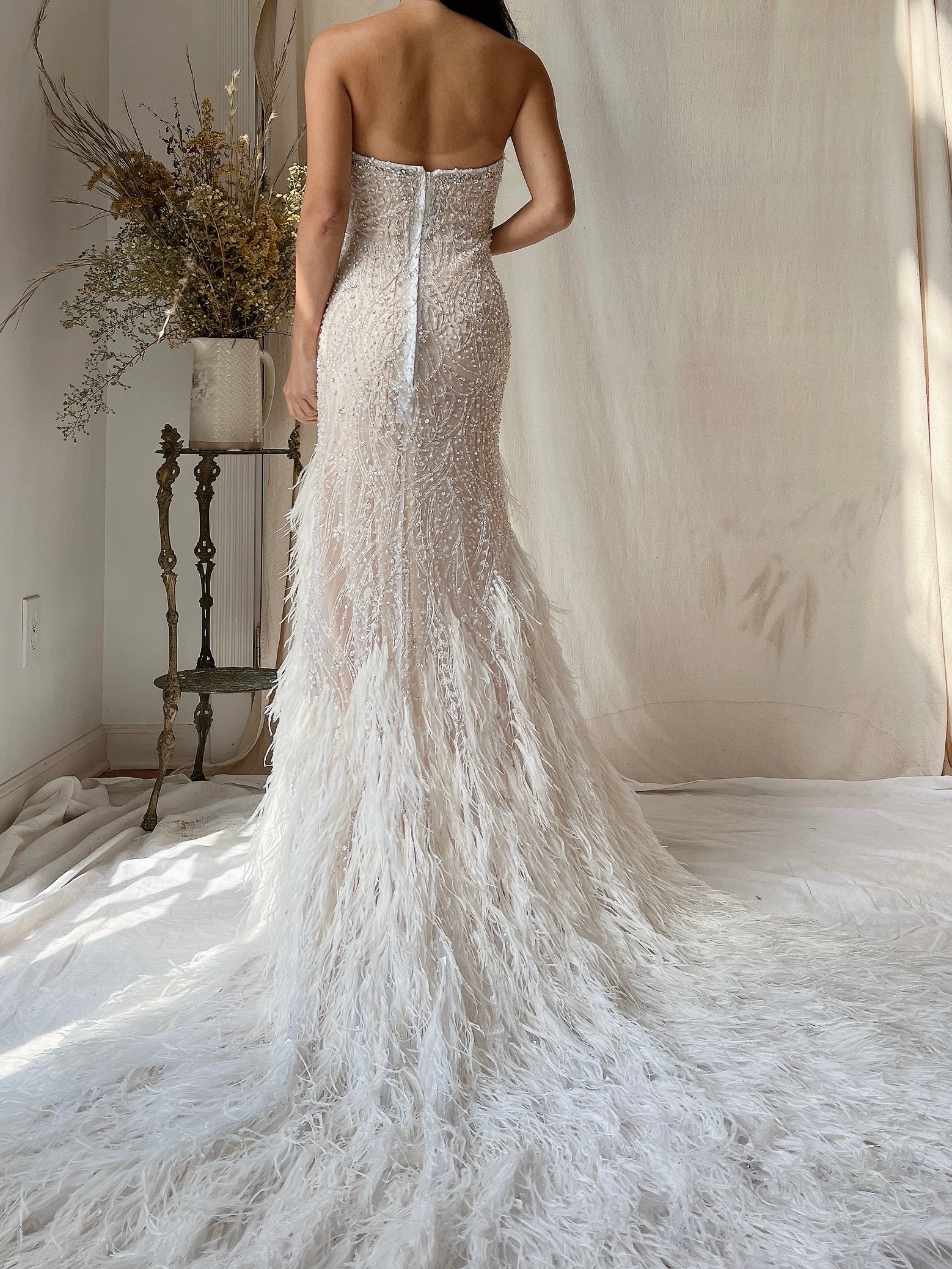 1990s Glass Crystals Ostrich Feather Trained Gown - M
