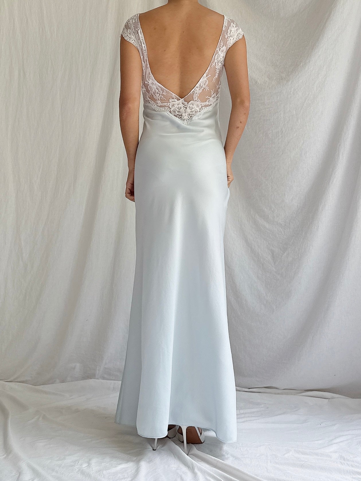 1980s Light Blue Nylon Lace Dress - M