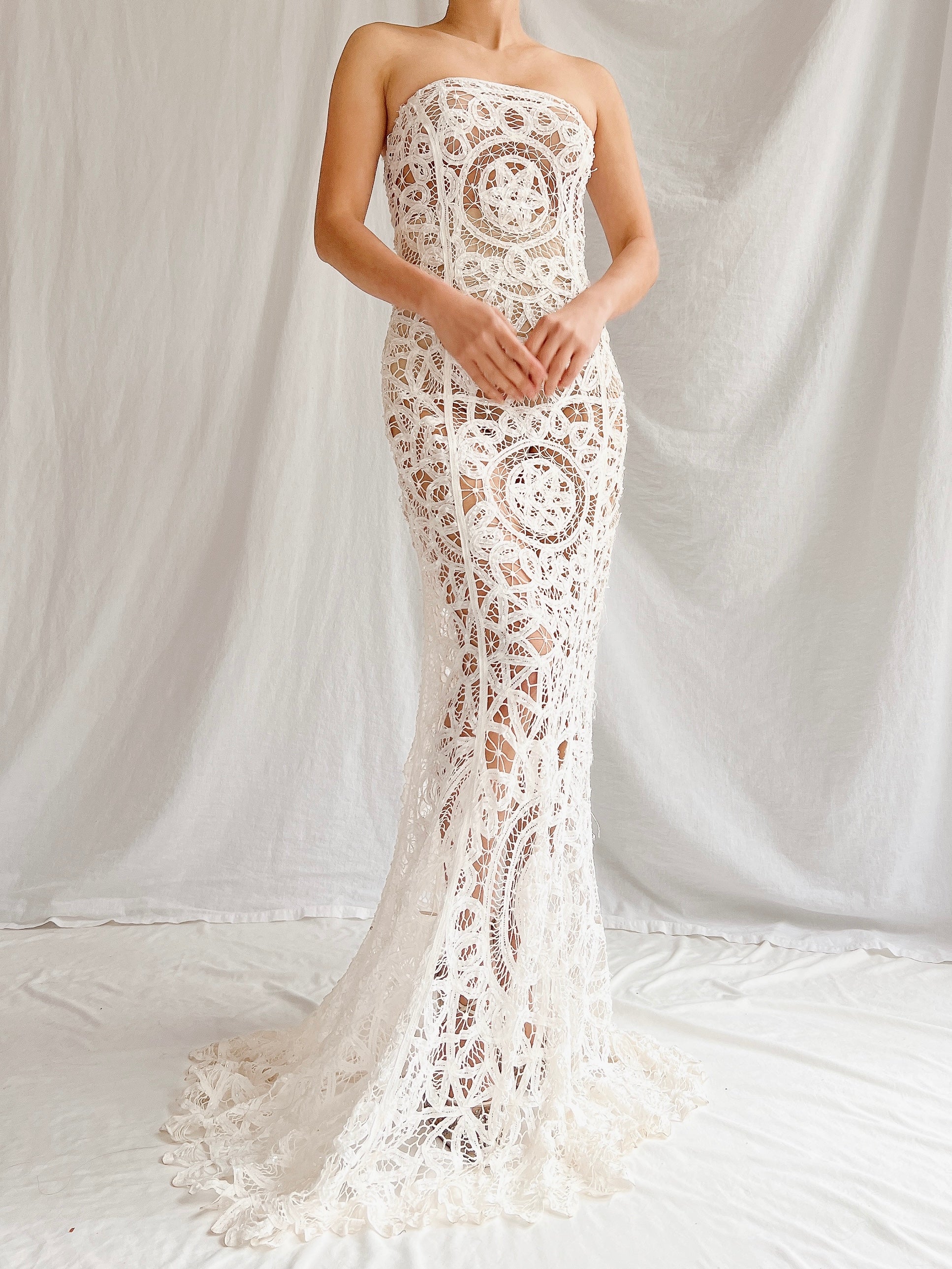 Vintage Sheer Tape Lace Strapless Gown - S