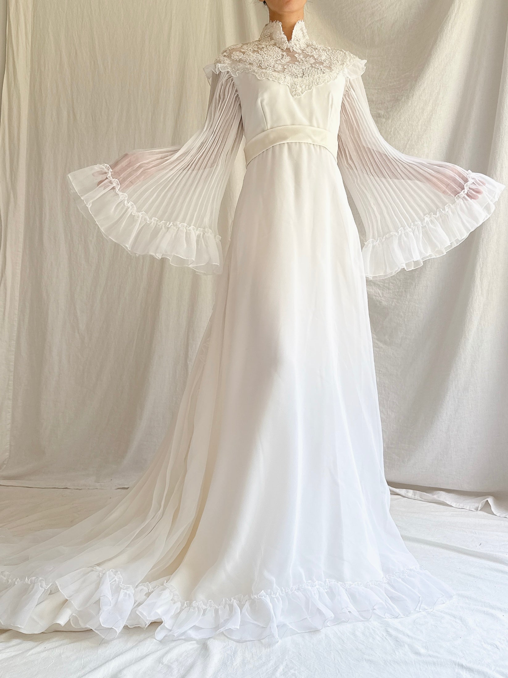1970s Pleated Sleeves Chiffon Dress - S