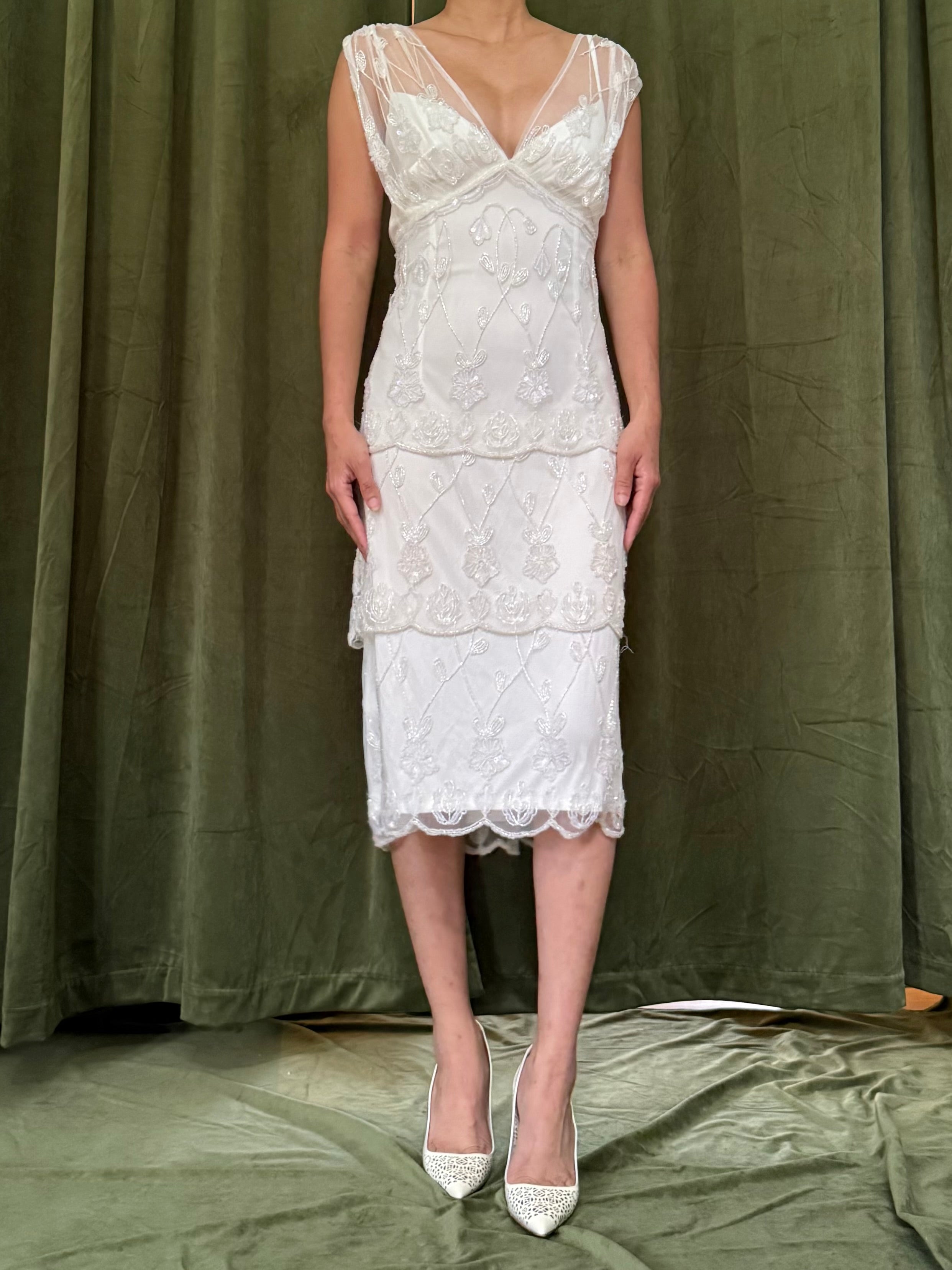 Vintage Ivory Beaded Tiered Dress - M/L/10