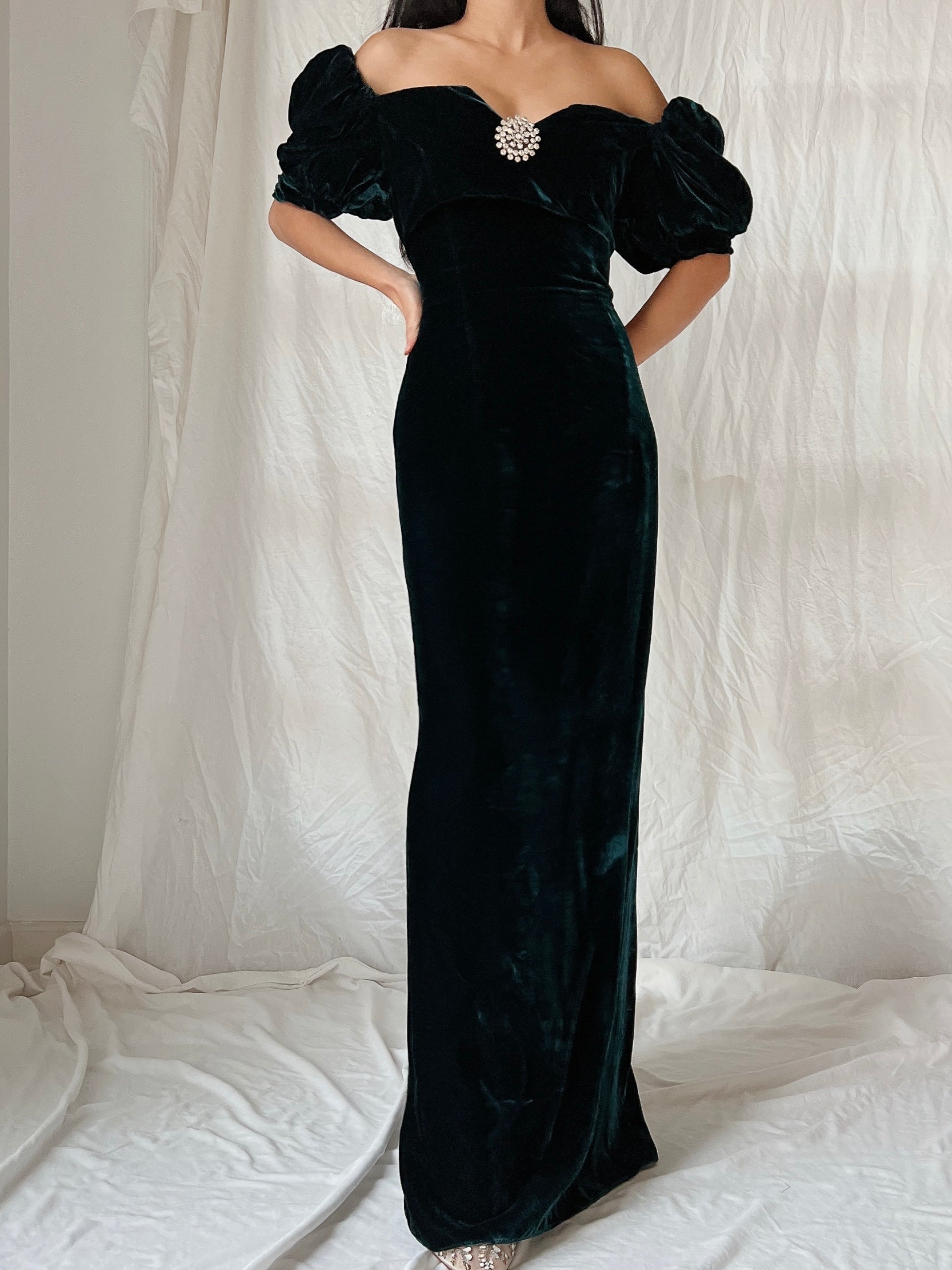 Vintage Teal Velvet Puff Sleeve Dress - XS/S