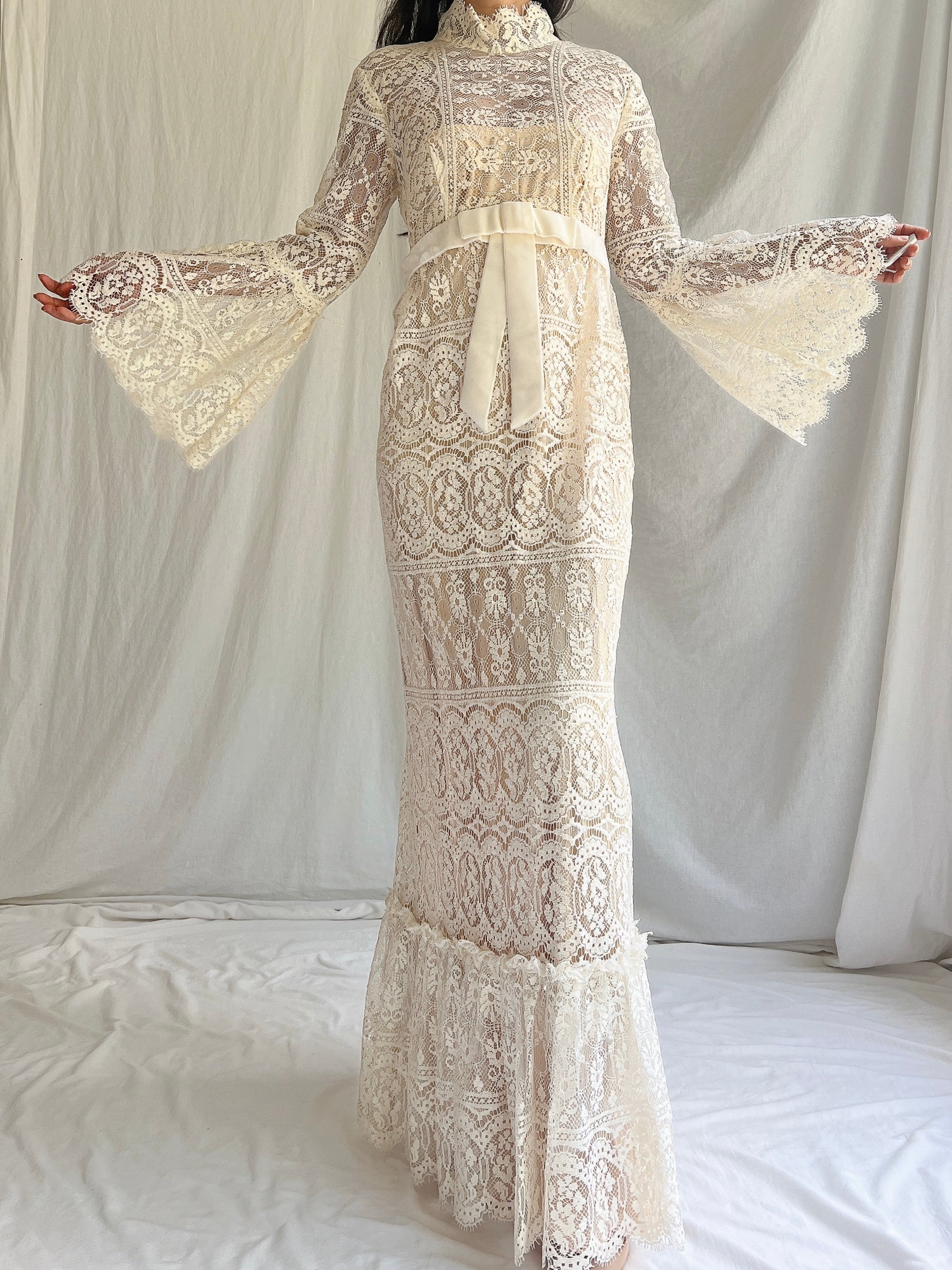 1970s Bell Sleeves Crochet Dress - XS