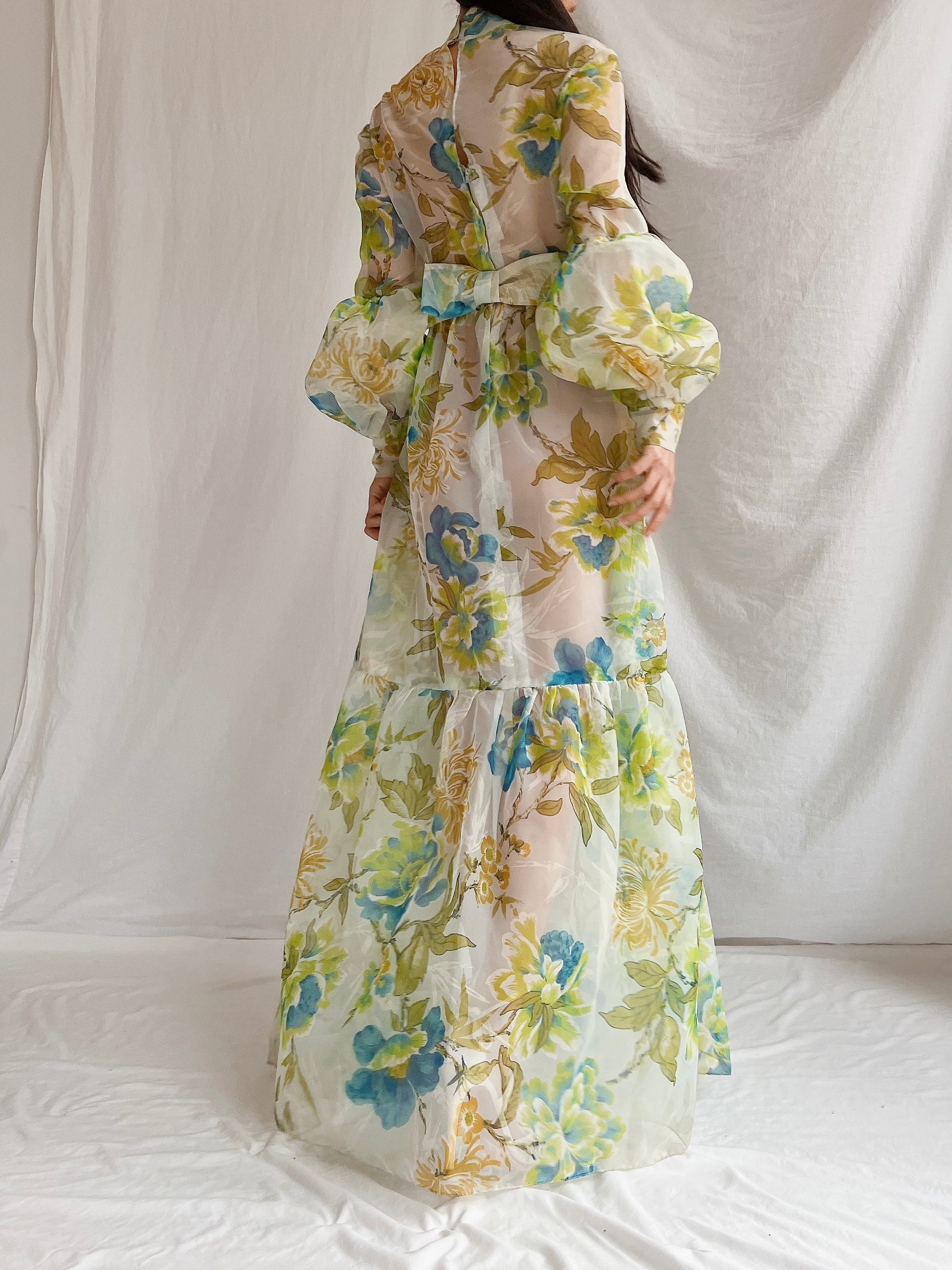 1970s Sheer Voile Puff Sleeves Gown - M