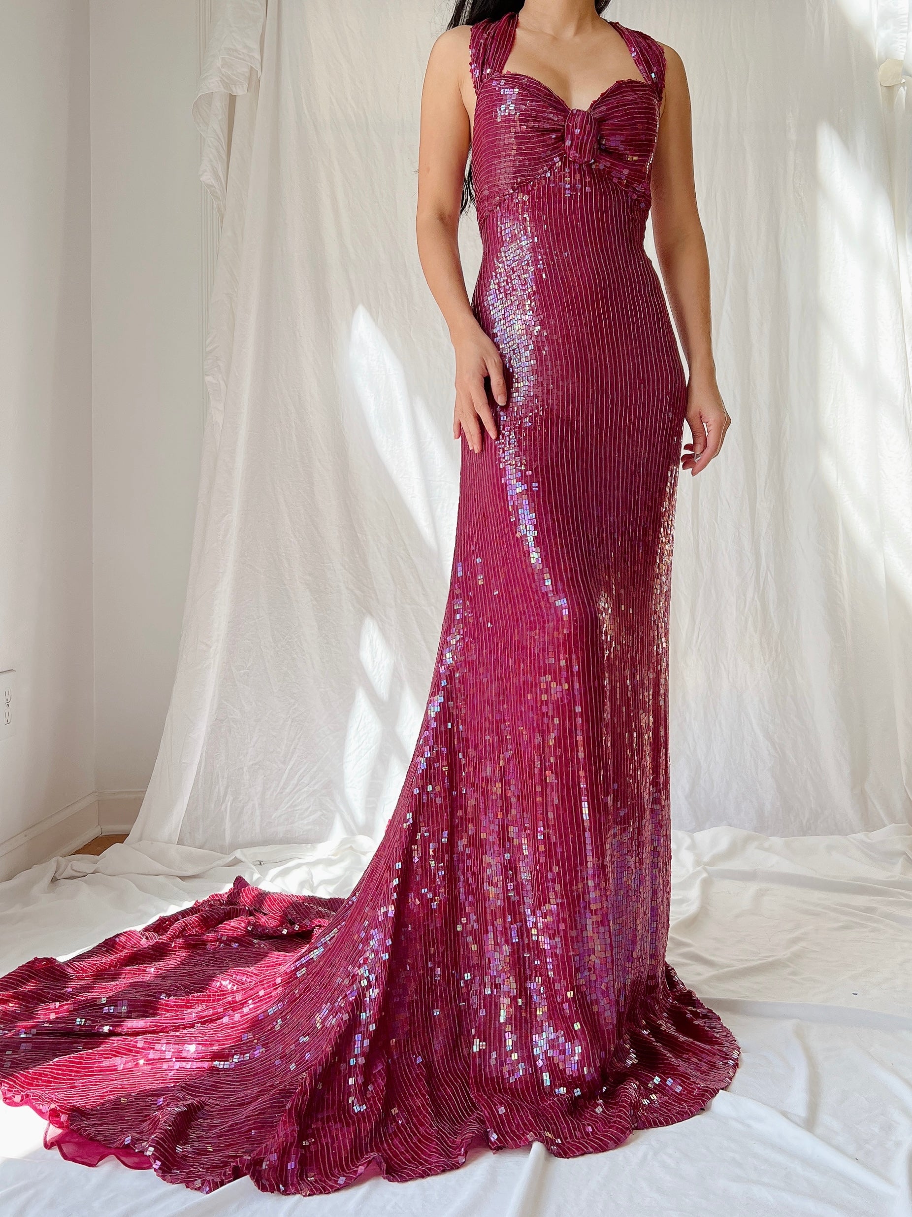 Vintage Ruby Silk Sequins Gown - L/US 12