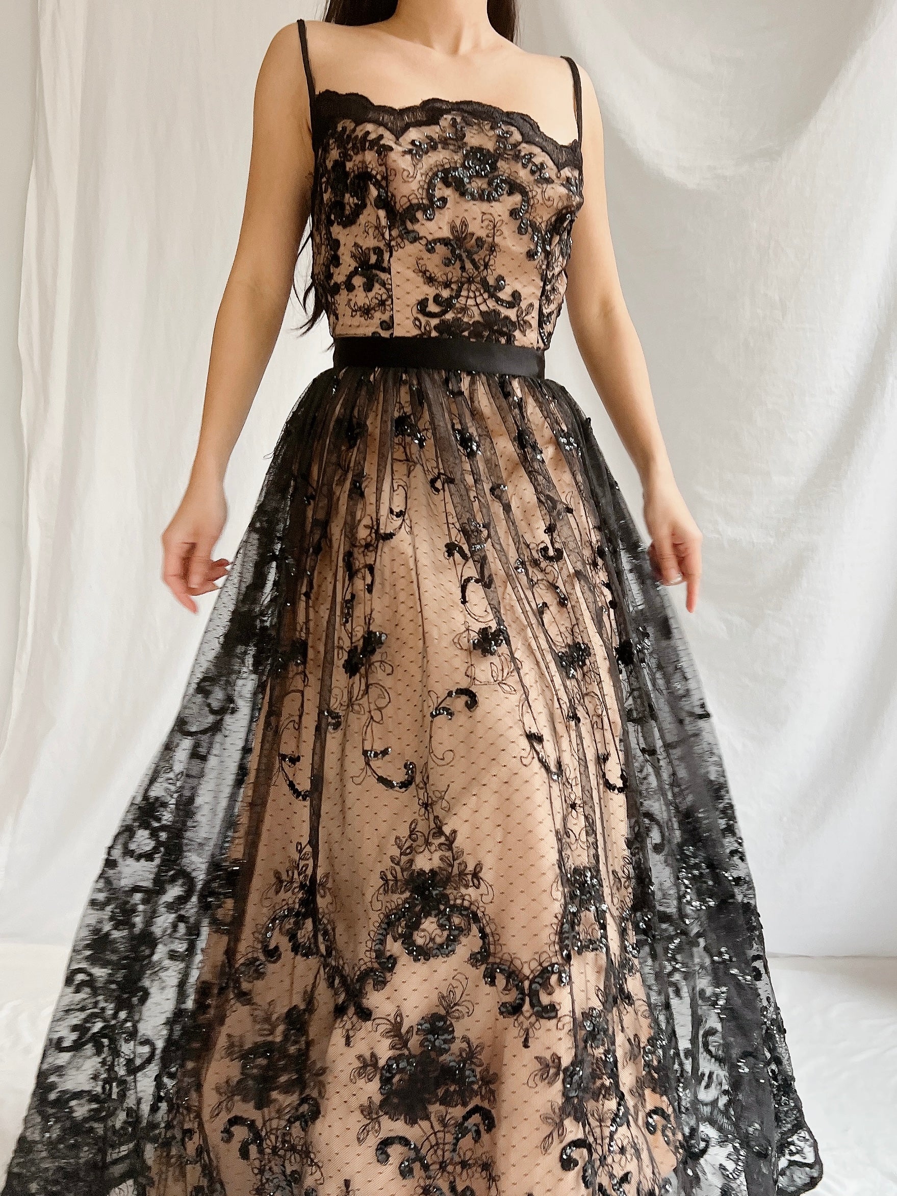 Vintage Nude and Black Lace Dress - S