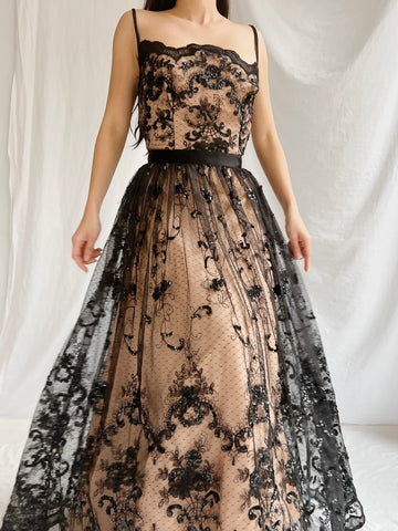 Vintage Nude and Black Lace Dress - S