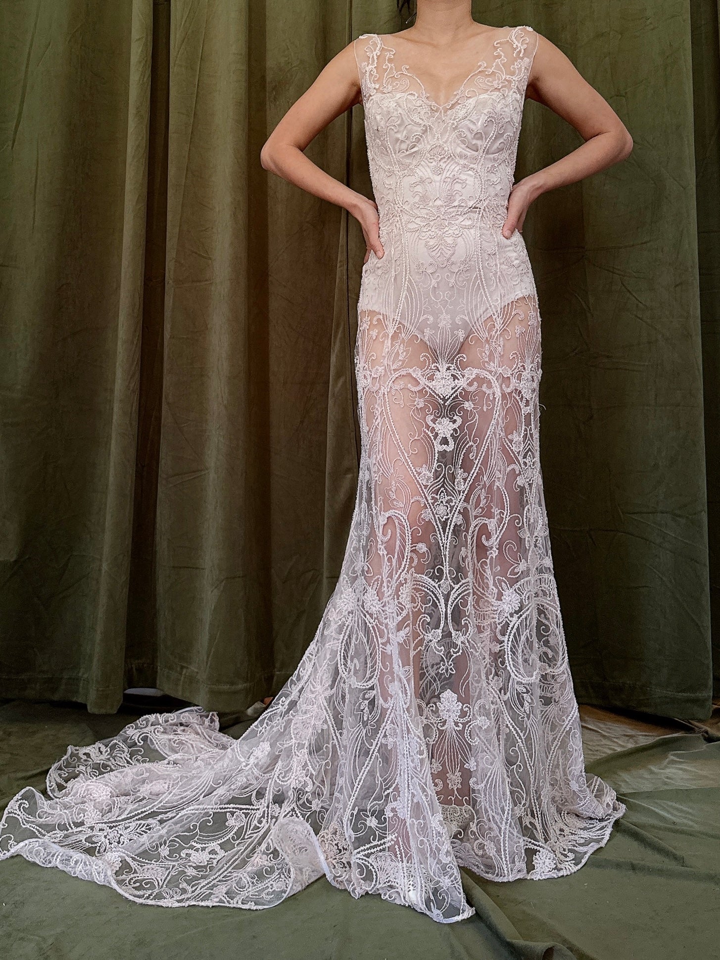 00 Light Pink Sheer Beaded Gown - M