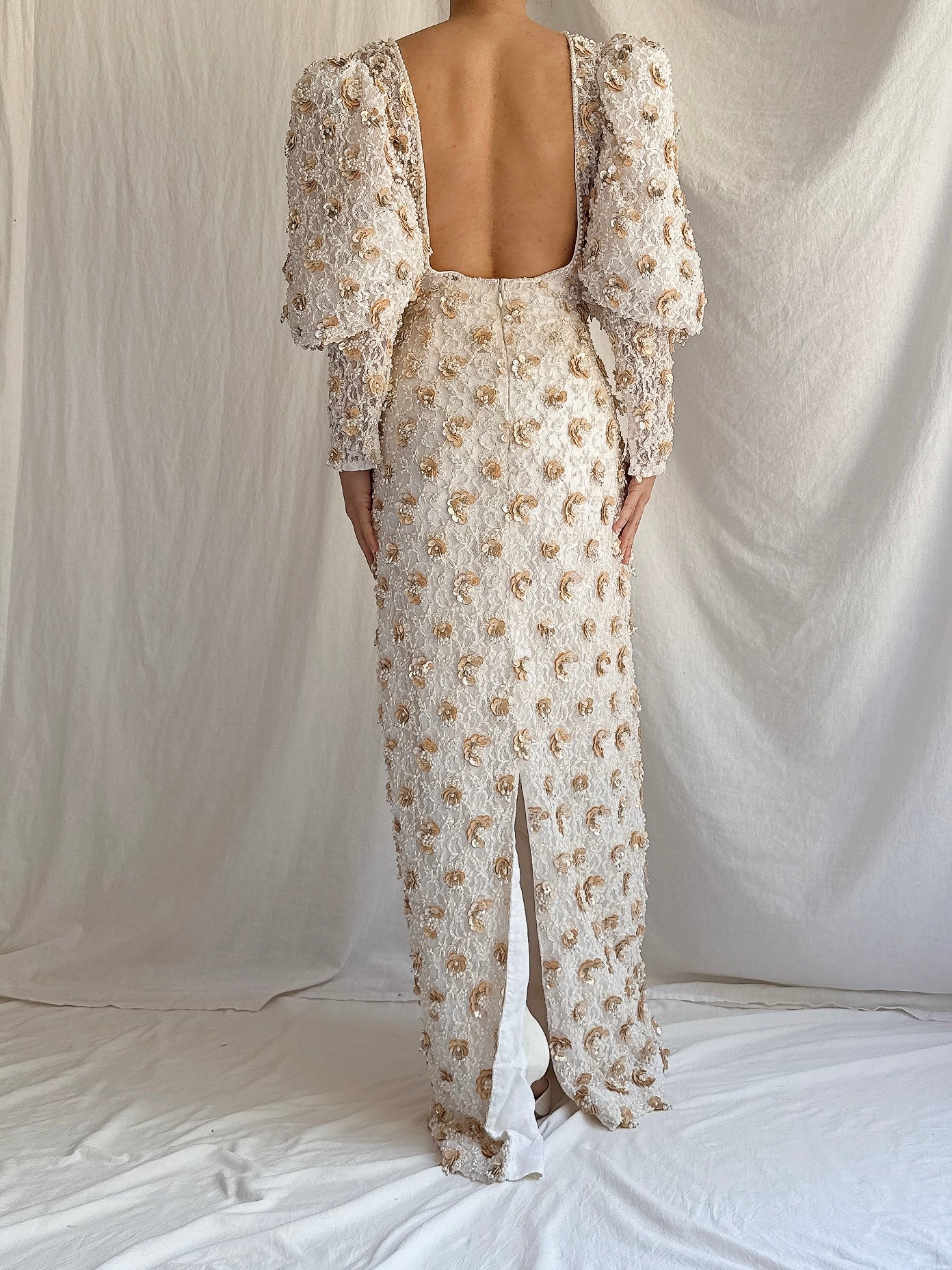 1980s Mutton Sleeves Lace Beaded Gown - M