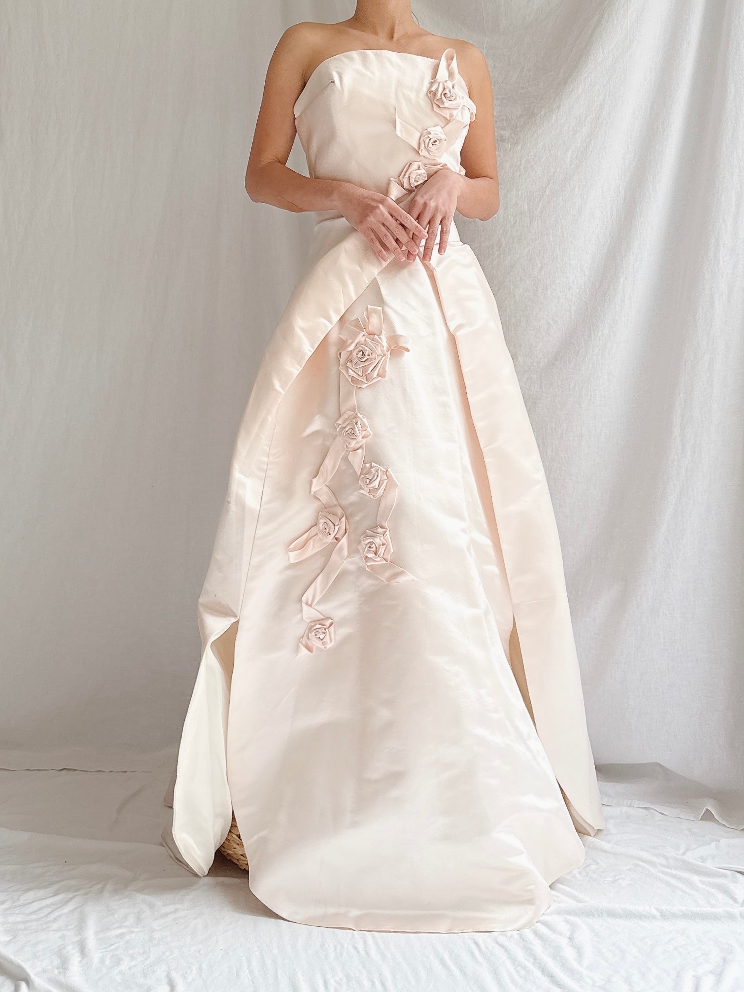 Vintage Shell Pink Silk Duchesse Satin Strapless Gown - S/4/6