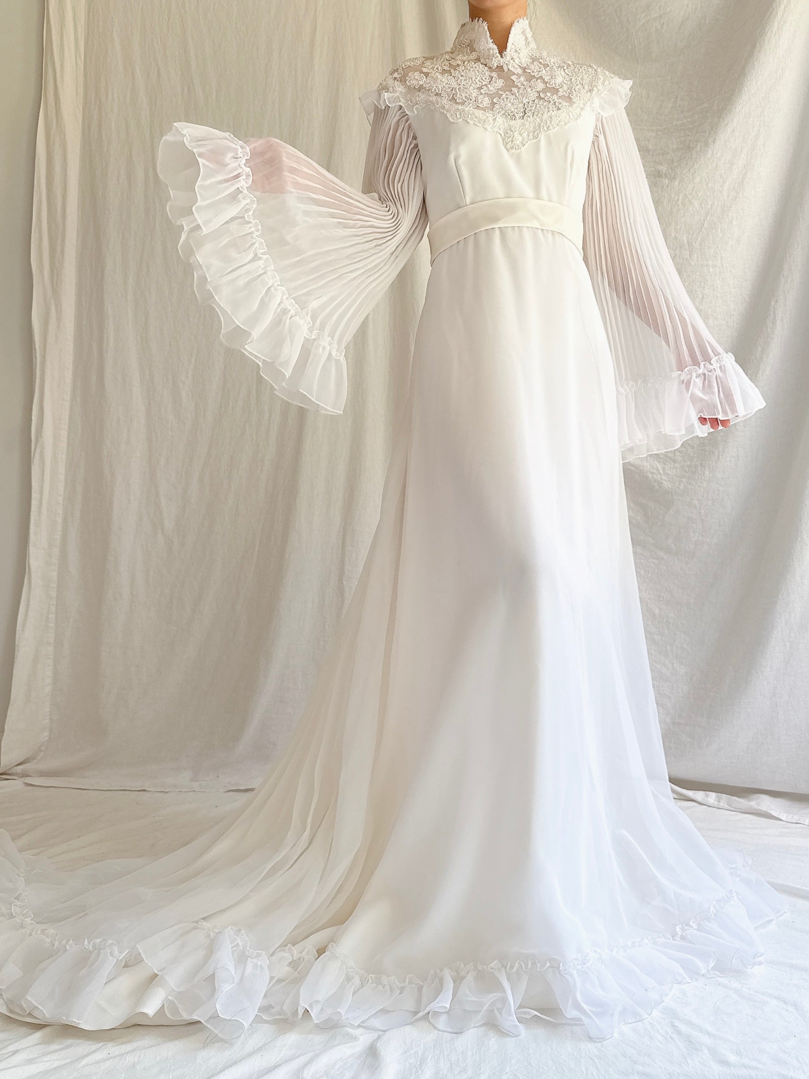 1970s Pleated Sleeves Chiffon Dress - S