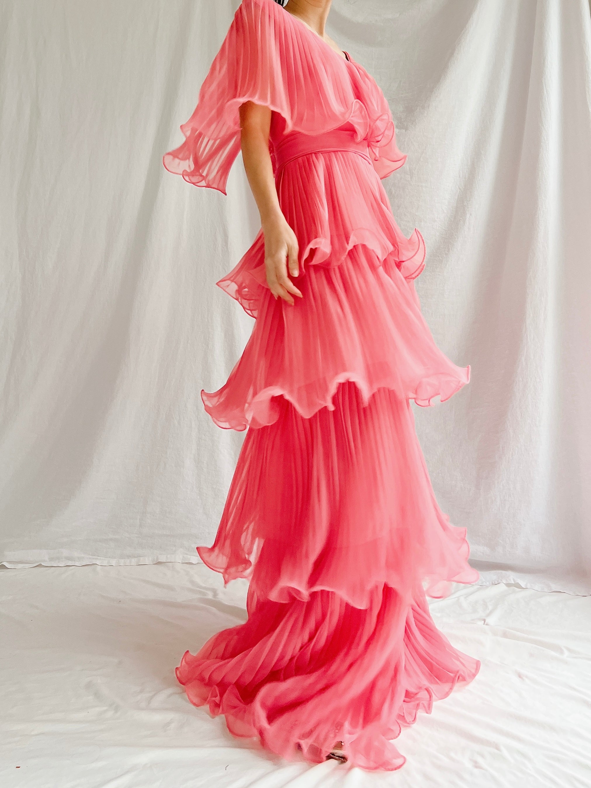 Vintage Watermelon Tiered Chiffon Dress - XS
