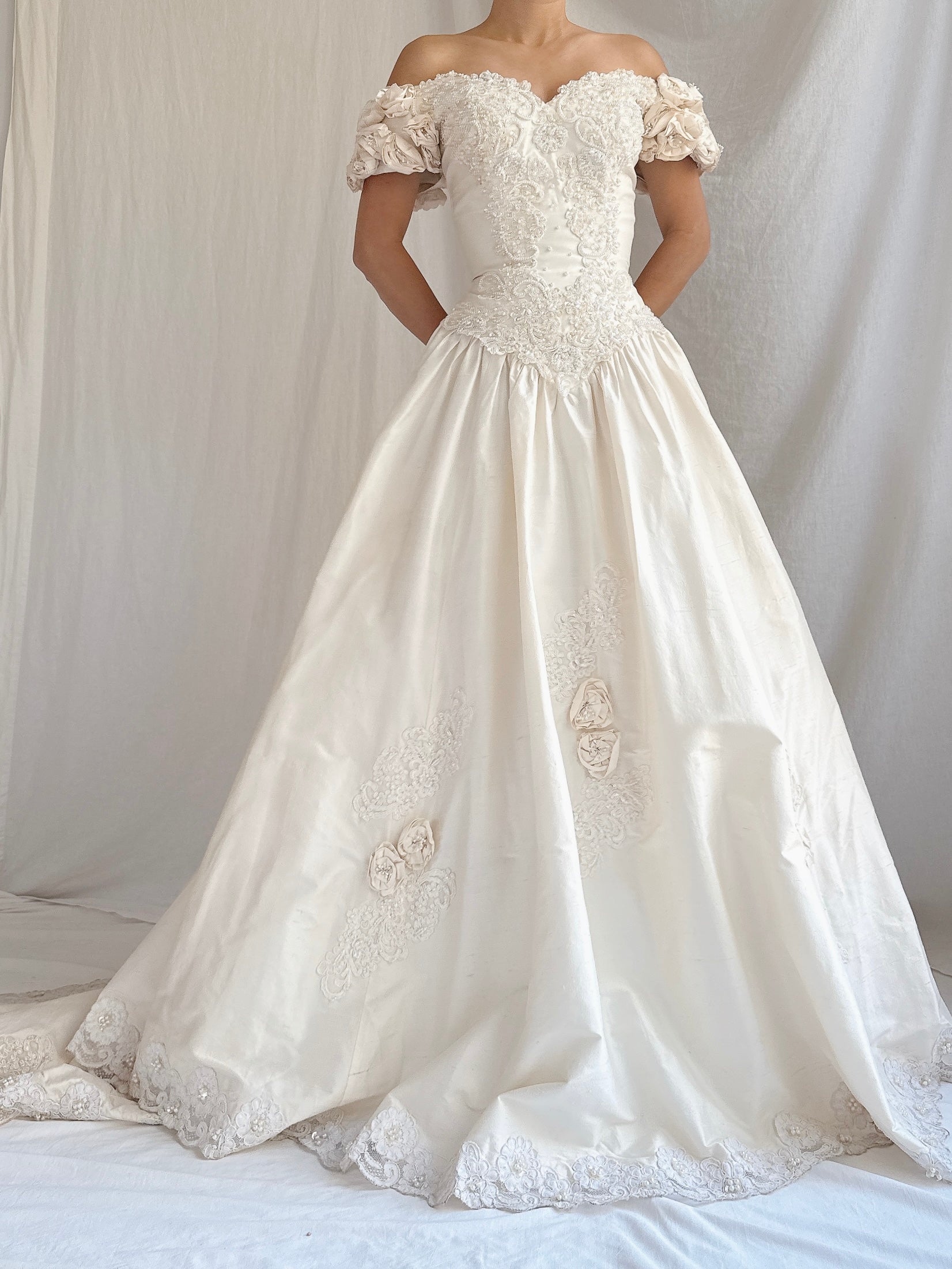 Vintage Silk Rosette Off-the-Shoulder Gown - M