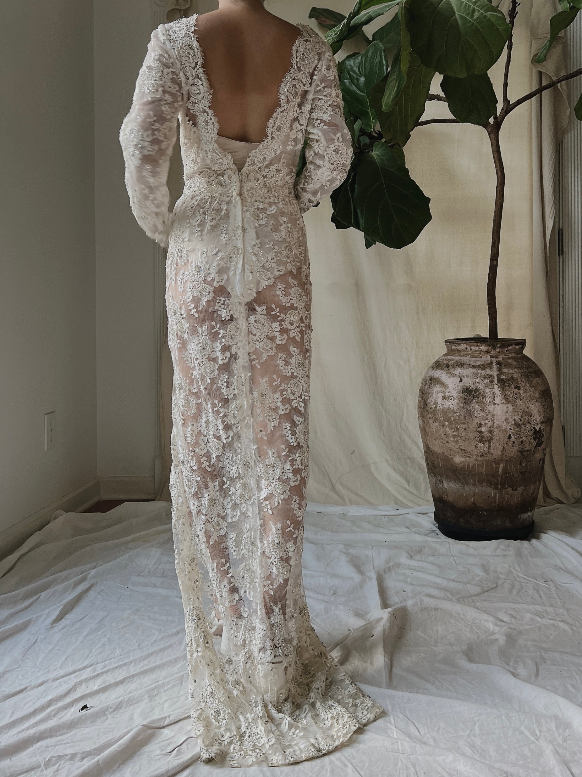 Vintage Silk Lace Beaded Gown - S