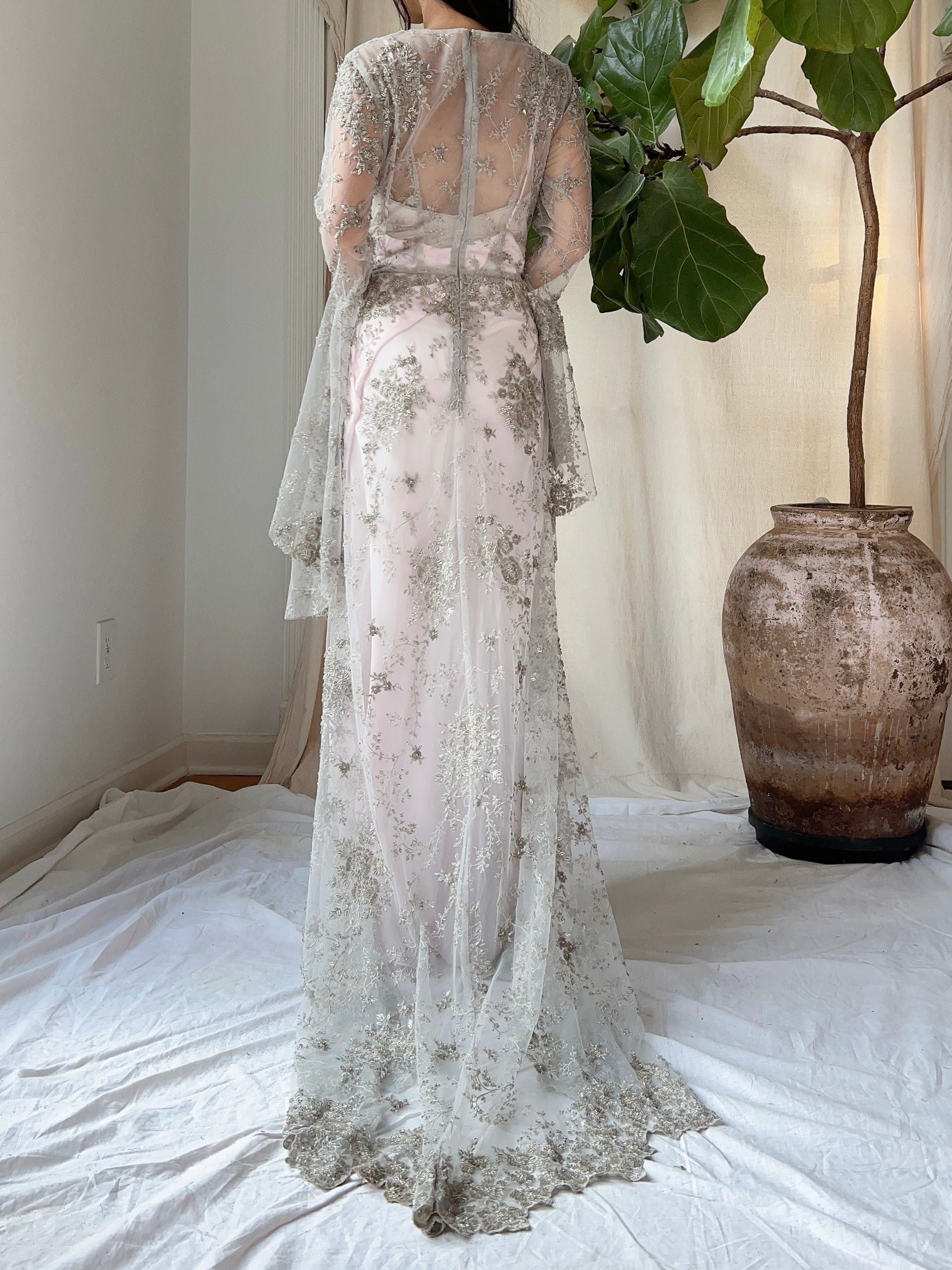 Angel Sleeves Gray Beaded Gown - S/M