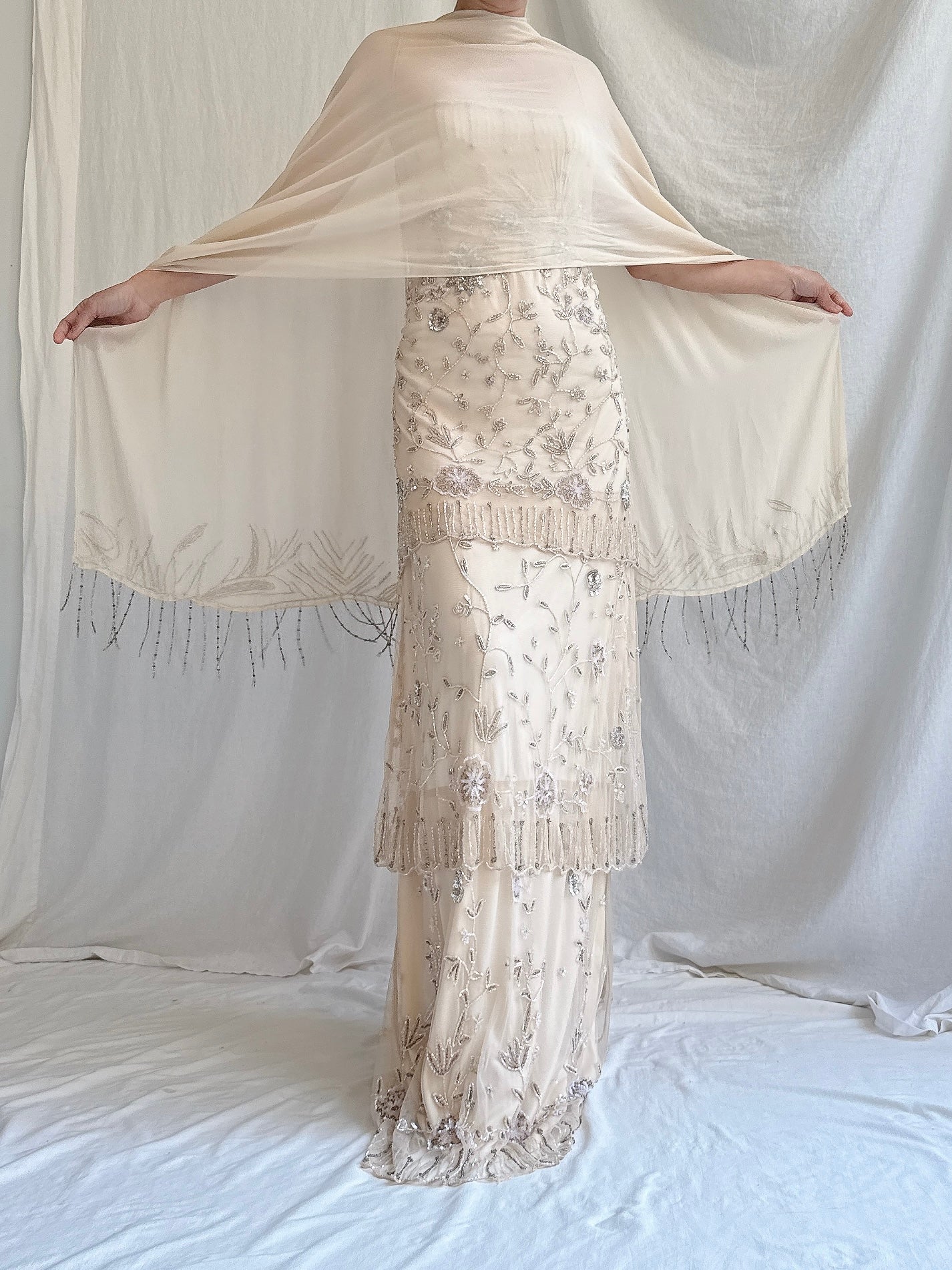 Vintage Ecru Tulle Beaded Tiered Column Gown with Silk Scarf - L