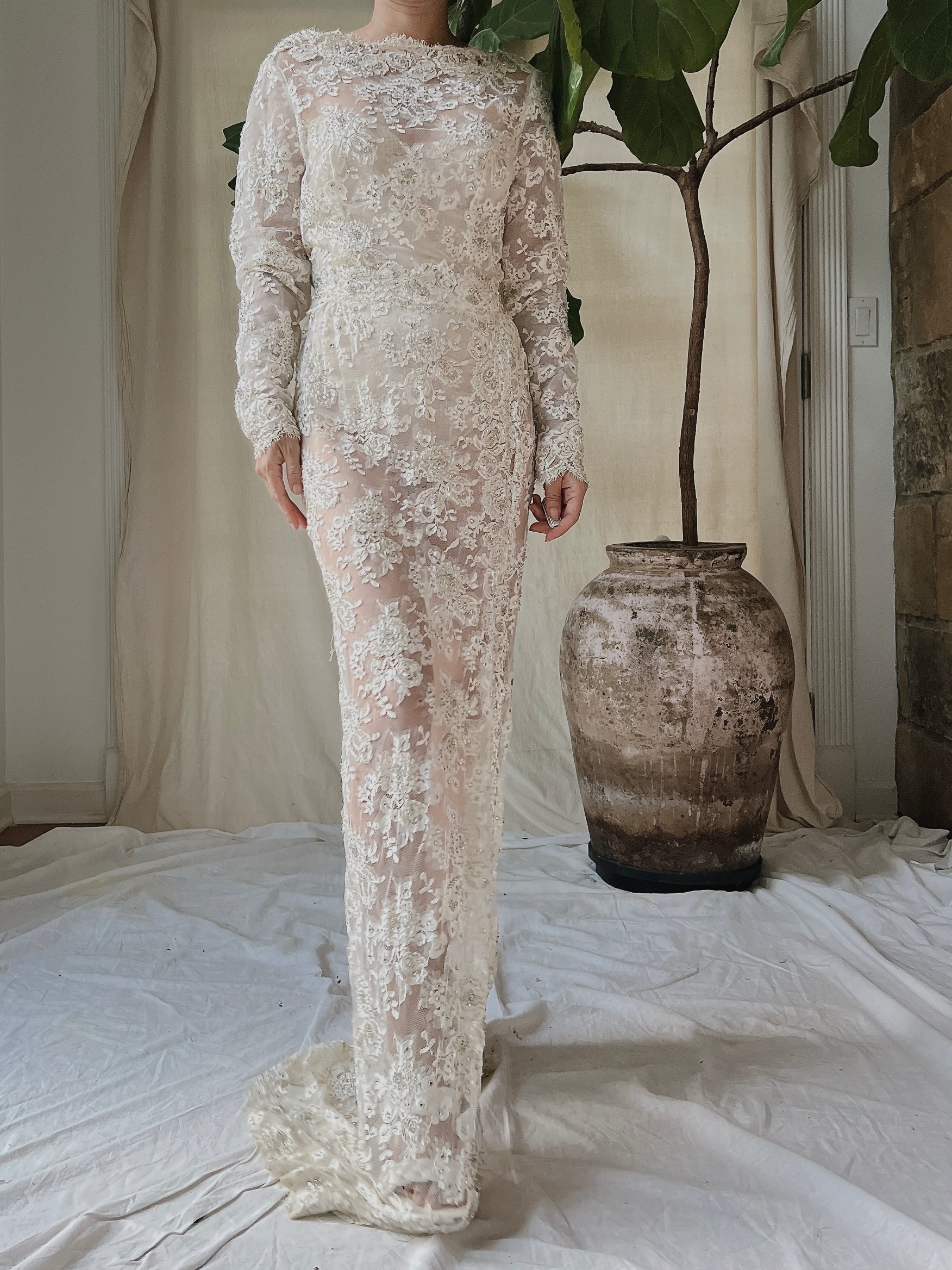 Vintage Silk Lace Beaded Gown - S