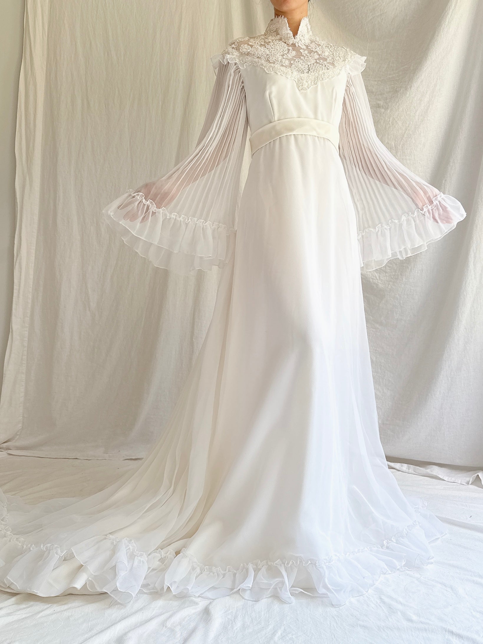 1970s Pleated Sleeves Chiffon Dress - S