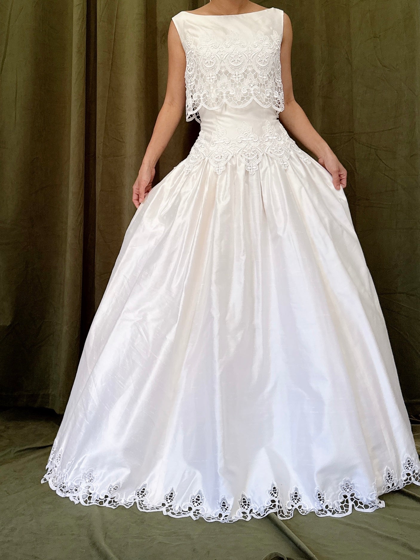 RESERVED for Cheyenne Payment 1/2 Vintage Raw Silk Embroidered Cutout Gown - S/4