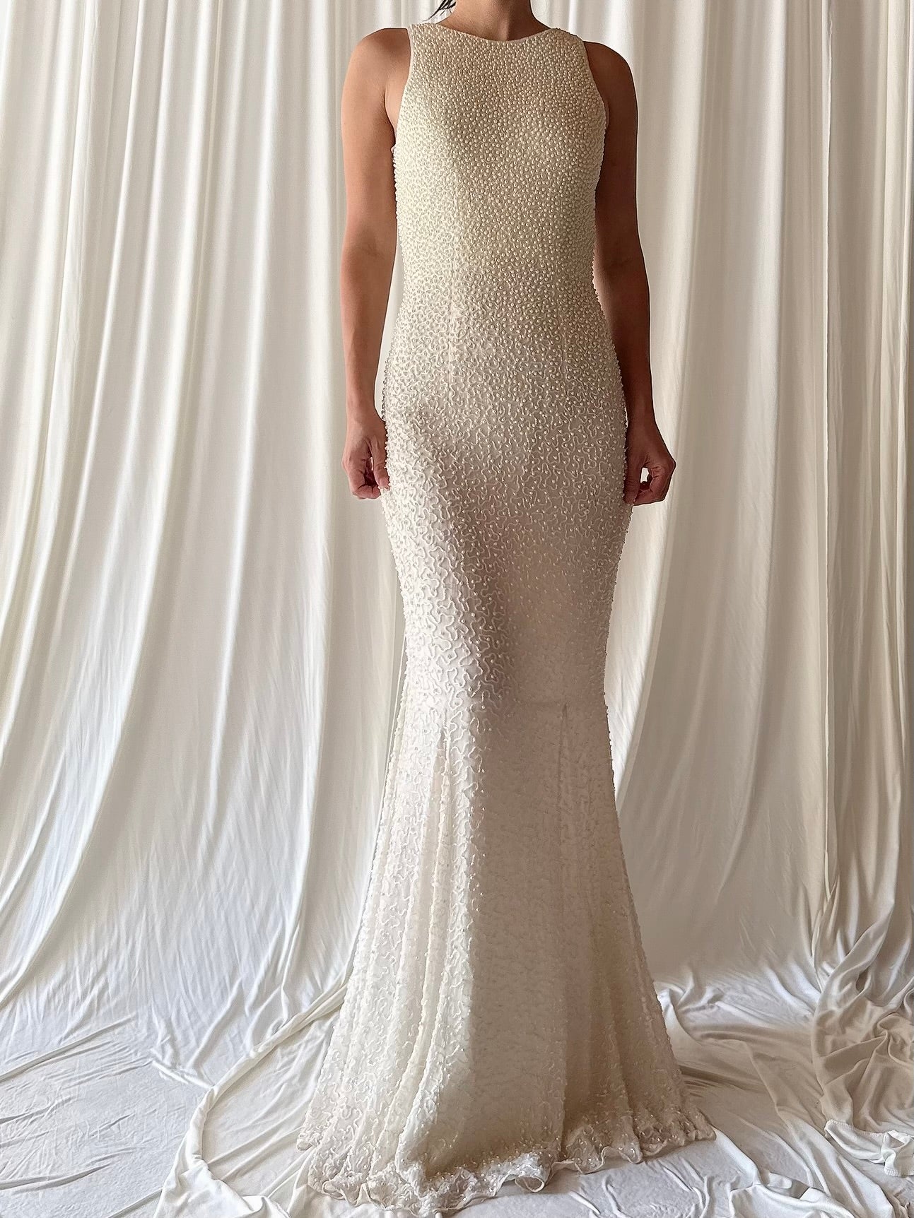 Vintage Silk Pearl Beaded Crewneck Gown - XS