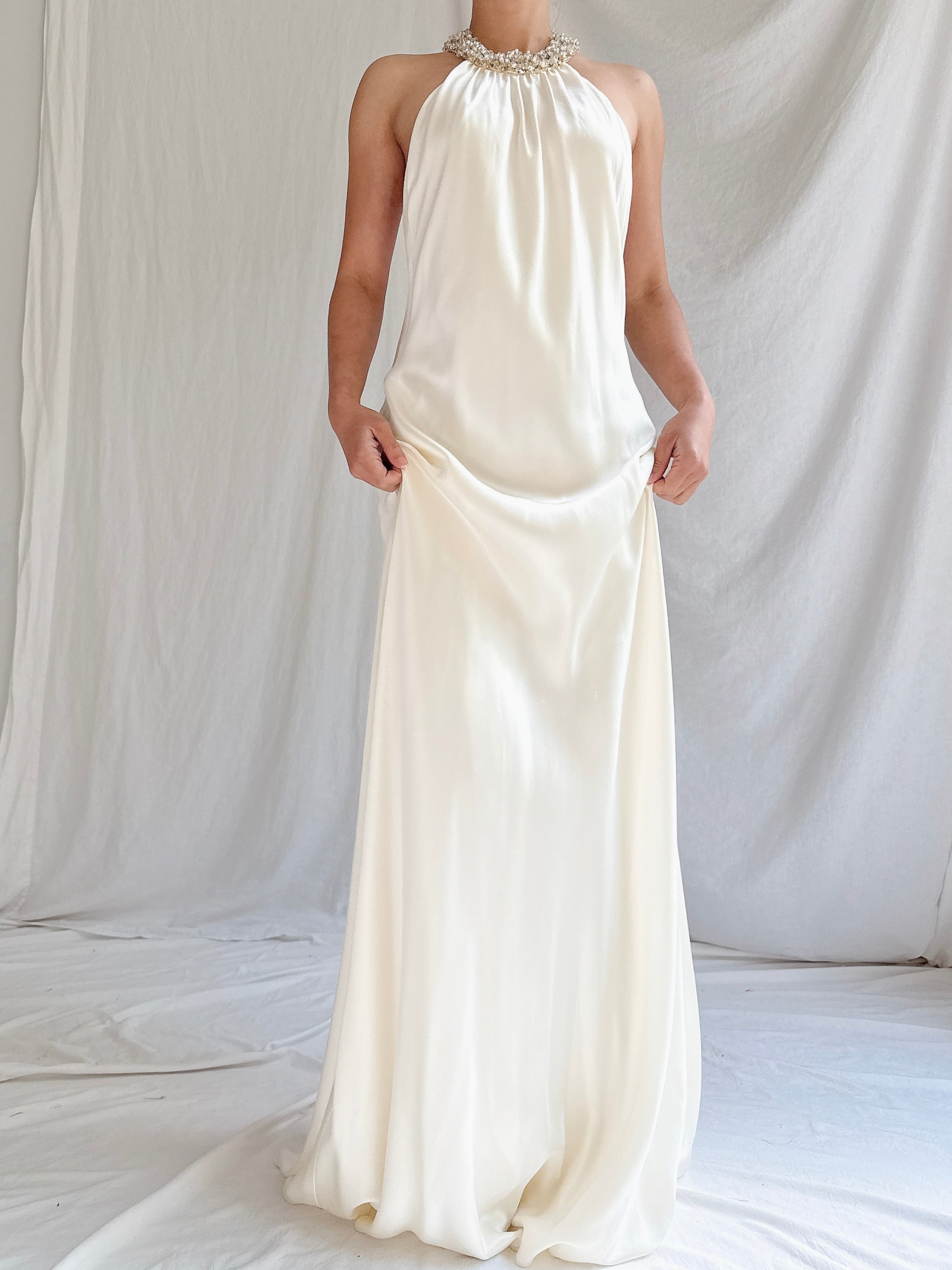 Vintage Satin Beaded Collar Gown - M