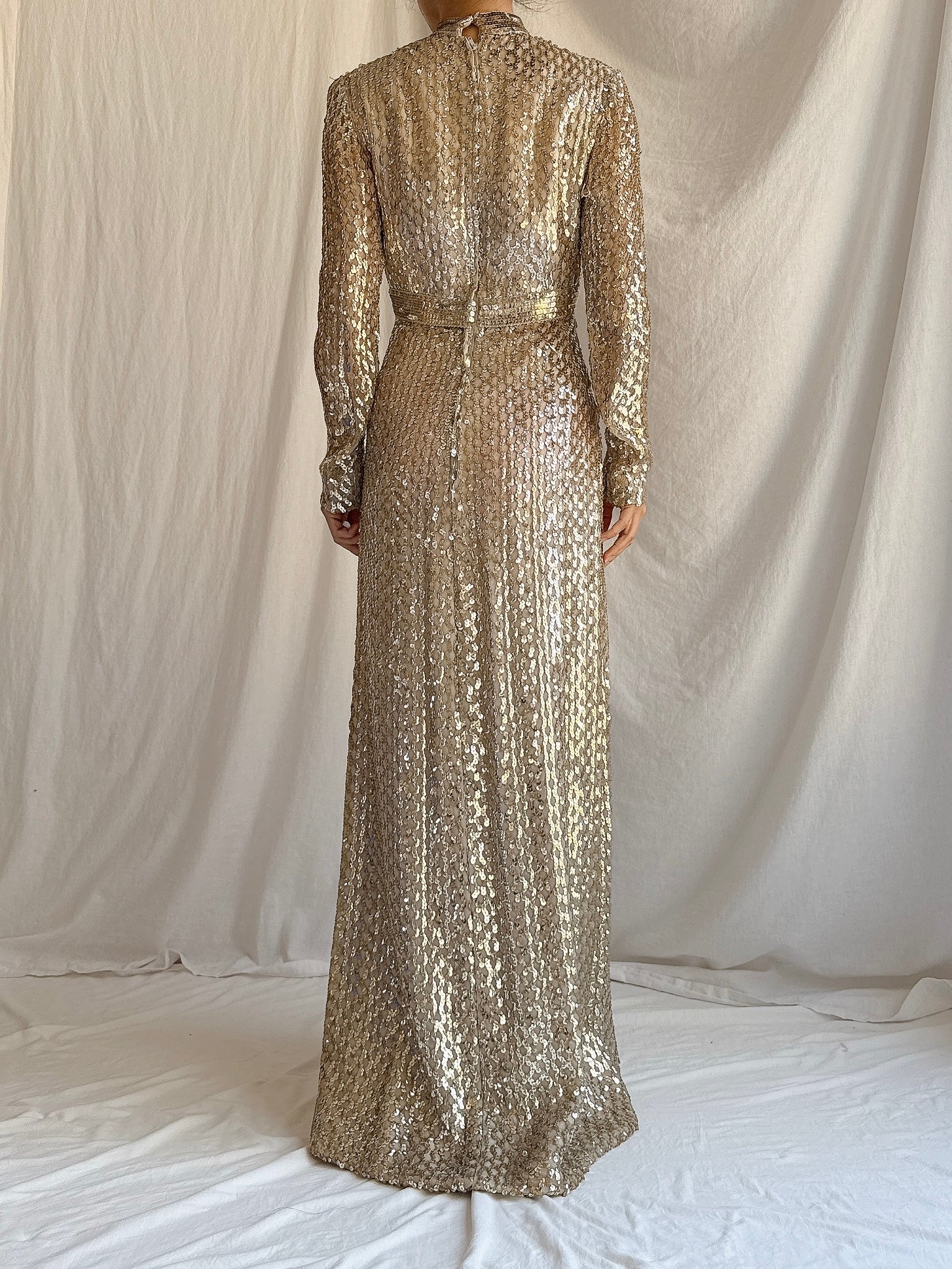 1960s Taupe Sequins Gown Taupe/Gold - S