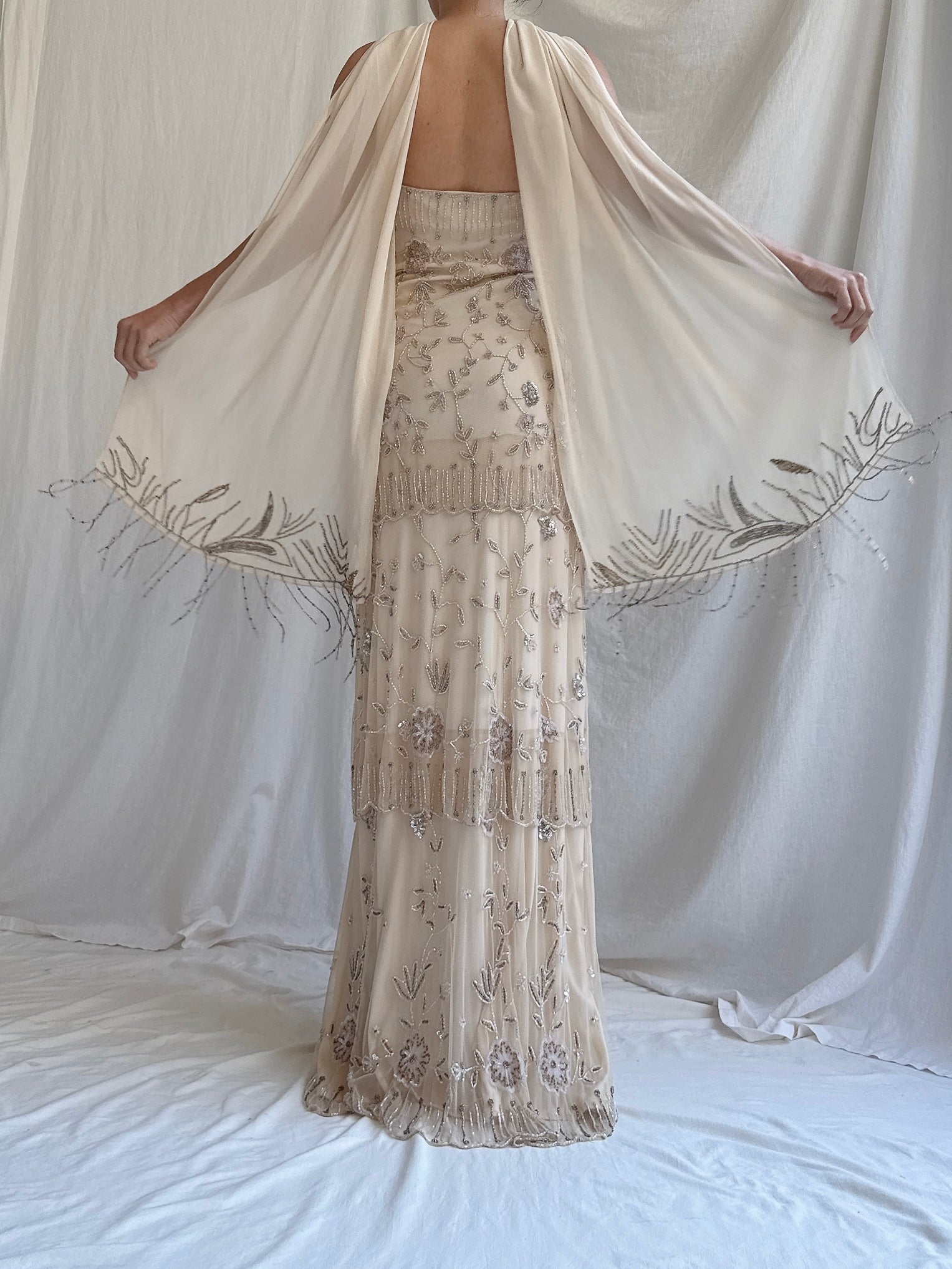 Vintage Ecru Tulle Beaded Tiered Column Gown with Silk Scarf - L
